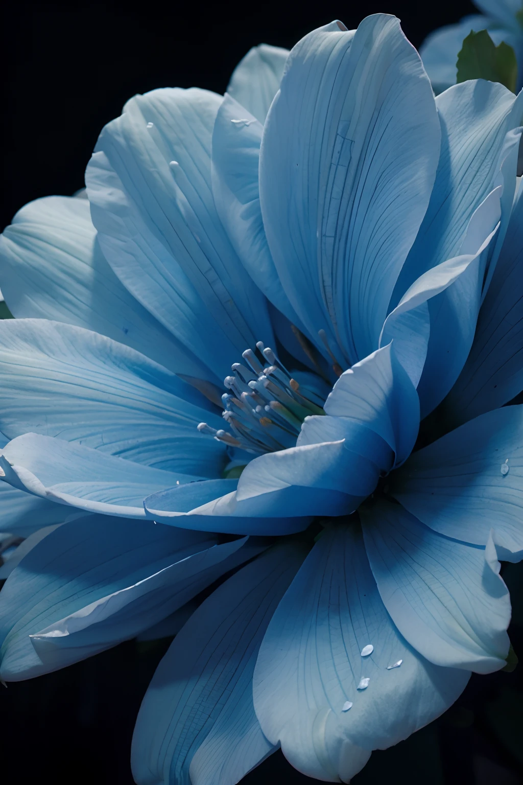 high resolucion, hyper detailed, fleur bleue qui s'illumine dans la nuit, with 5 petals
