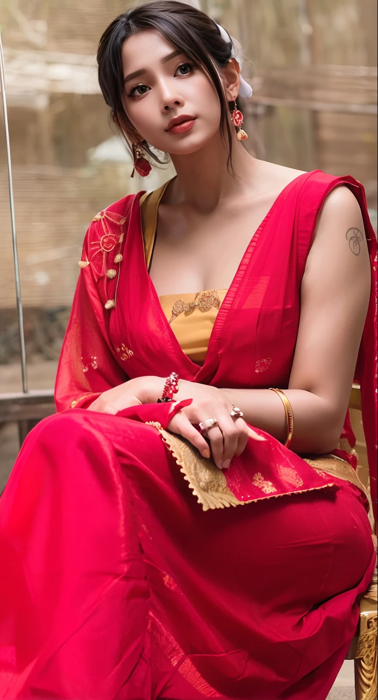 a close up of a woman in a red sari sitting on a chair, candid picture, wearing a silk kurta, candid shot, instagram post, candid photo, photo of a hand jewellery model, very very low quality picture, very beautiful enga style, candid portrait photo, red and golden color details, red and gold, wearing red and yellow clothes, candid photograph