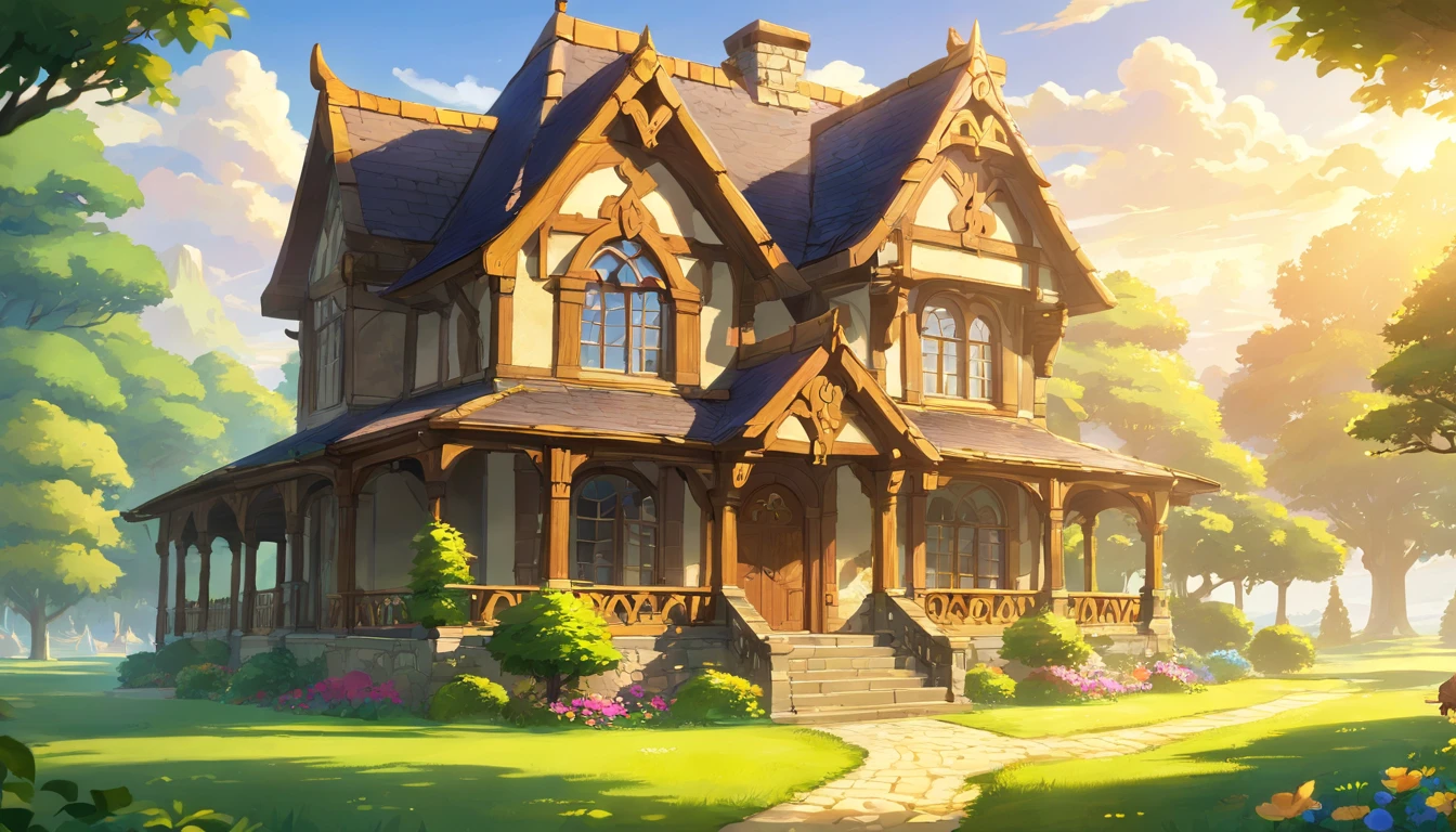 there is a large house with a porch and a porch on the front, victorian manor, by Rob Alexander, dramatic warm morning light, by Stephen Little, dramatic morning light, by John Clayton Adams, in style of mike savad”, gothic mansion, by Robert Lee Eskridge, moody morning light, warm glow, ornate retreat, southern gothic scene