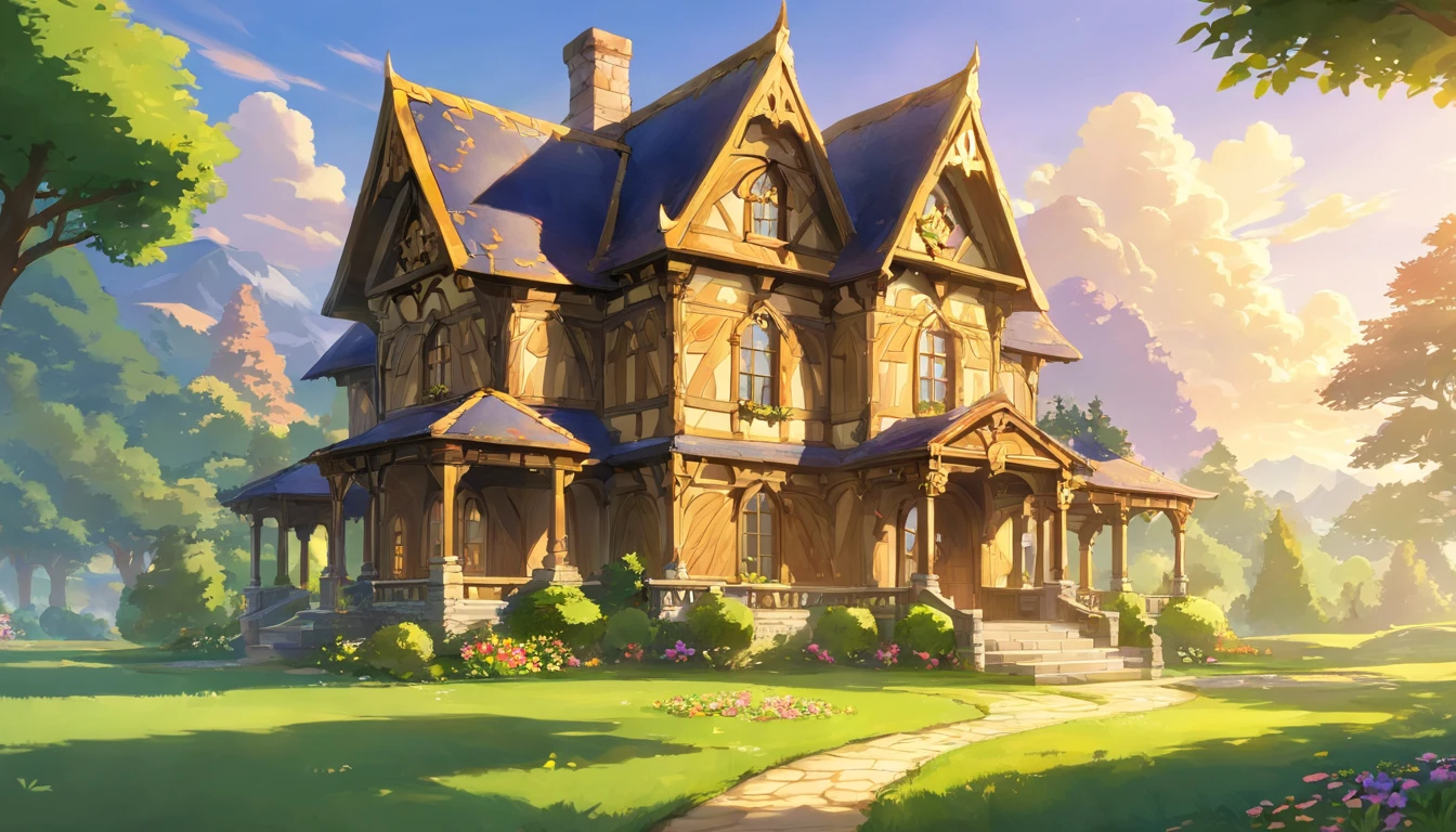 there is a large house with a porch and a porch on the front, victorian manor, by Rob Alexander, dramatic warm morning light, by Stephen Little, dramatic morning light, by John Clayton Adams, in style of mike savad”, gothic mansion, by Robert Lee Eskridge, moody morning light, warm glow, ornate retreat, southern gothic scene