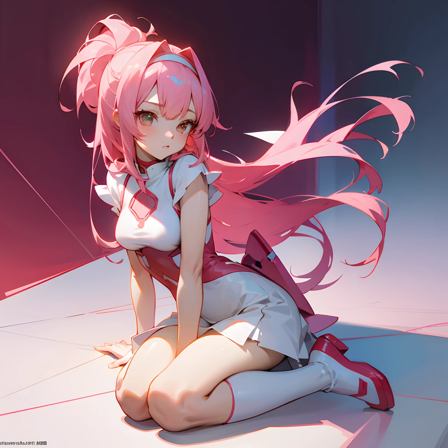 ((Great Quality)), (Detailed), Anime girl, 1 girl, long pink hair, half naked, sexy, wearing short skirt, Strong white highlights, high saturation, high res, ultra sharp, 8k, masterpiece, looking at viewer, vaporwave, contrast in background, horizontal format, loving viewer face