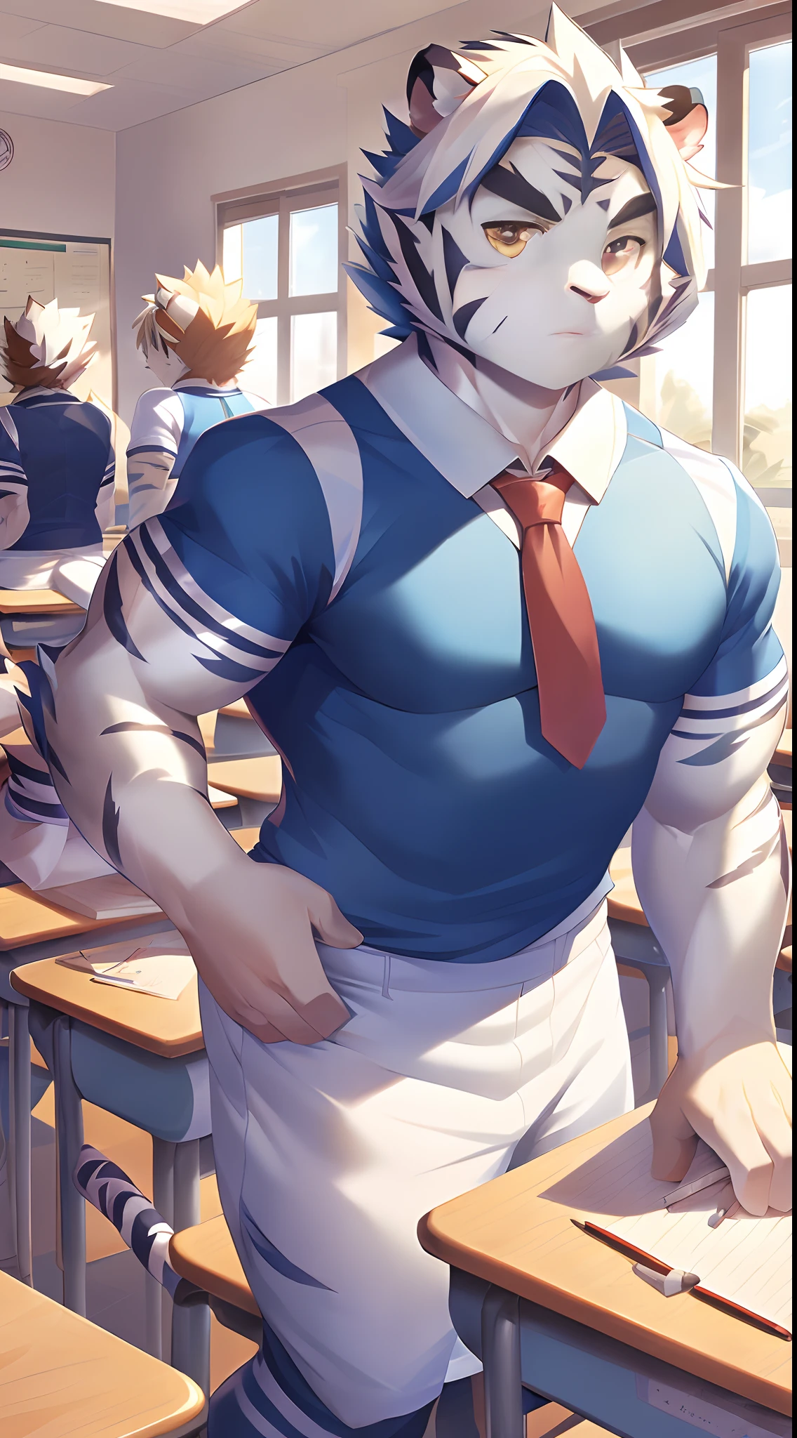 Hominidae, Pose for Camera. 4K, high resolution, Best quality, posted on e621, (Anthropomorphic white tiger:1.2), male people, 20yr old, Thick eyebrows, Light blue stripes, Ultra-short hair, shaggy, Strong body, large pecs, ((White tight school uniform)), He was in class, Golden pupils, Light blue leggings, Small raised, In the classroom, 独奏, writing, (Muscular, Heavyweight:1.2), Correct anatomy, (by Chunie, author：Taran Fidler:0.8), (Detailed eyes:1.2), Sexy, (cel-shaded:1.2), cartoon shading, Serious expression, Be red in the face, (view the viewer:1.2), white backgrounid