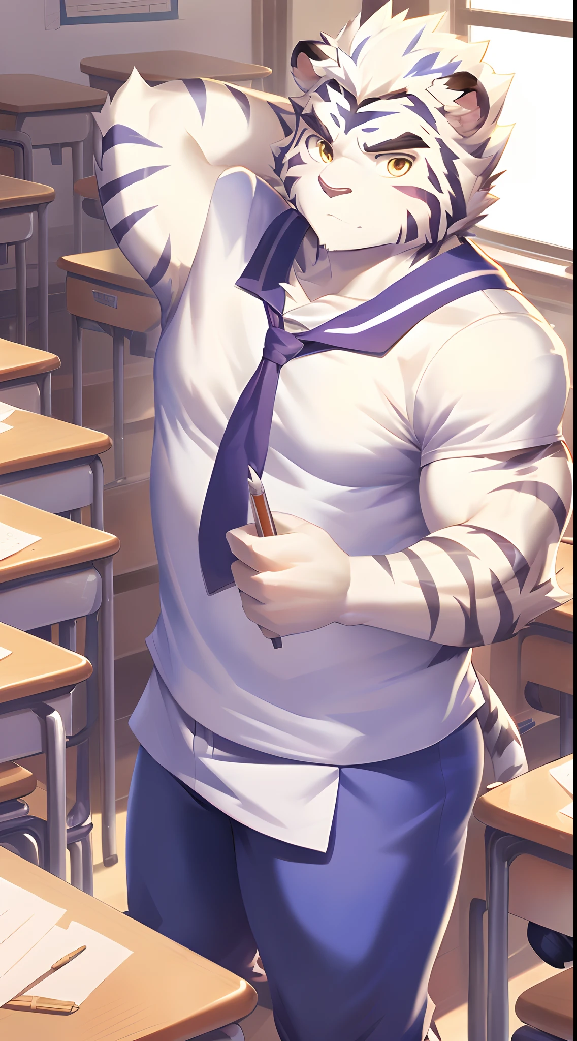 Hominidae, Pose for Camera. 4K, high resolution, Best quality, posted on e621, (Anthropomorphic white tiger:1.2), male people, 20yr old, Thick eyebrows, Light blue stripes, Ultra-short hair, shaggy, Strong body, large pecs, ((White tight school uniform)), He was in class, Golden pupils, Light blue leggings, Small raised, In the classroom, 独奏, writing, (Muscular, Heavyweight:1.2), Correct anatomy, (by Chunie, author:Taran Fidler:0.8), (Detailed eyes:1.2), Sexy, (cel-shaded:1.2), cartoon shading, Serious expression, Be red in the face, (view the viewer:1.2), white backgrounid