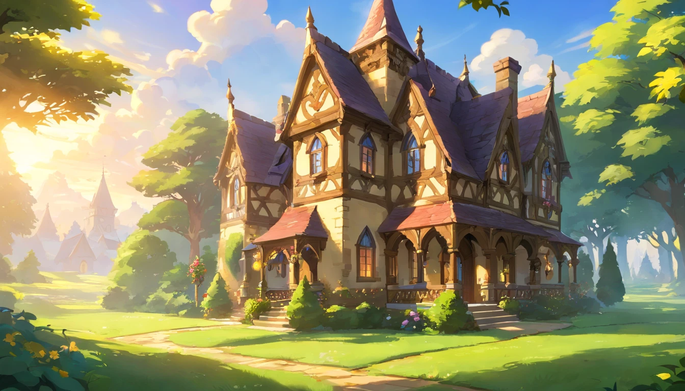 there is a large house with a porch and a porch on the front, victorian manor, by Rob Alexander, dramatic warm morning light, by Stephen Little, dramatic morning light, by John Clayton Adams, in style of mike savad”, gothic mansion, by Robert Lee Eskridge, moody morning light, warm glow, ornate retreat, southern gothic scene