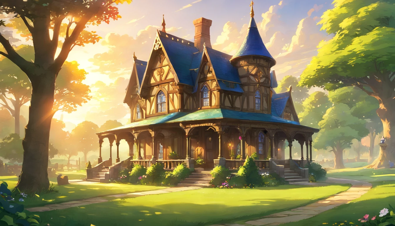 there is a large house with a porch and a porch on the front, victorian manor, by Rob Alexander, dramatic warm morning light, by Stephen Little, dramatic morning light, by John Clayton Adams, in style of mike savad”, gothic mansion, by Robert Lee Eskridge, moody morning light, warm glow, ornate retreat, southern gothic scene