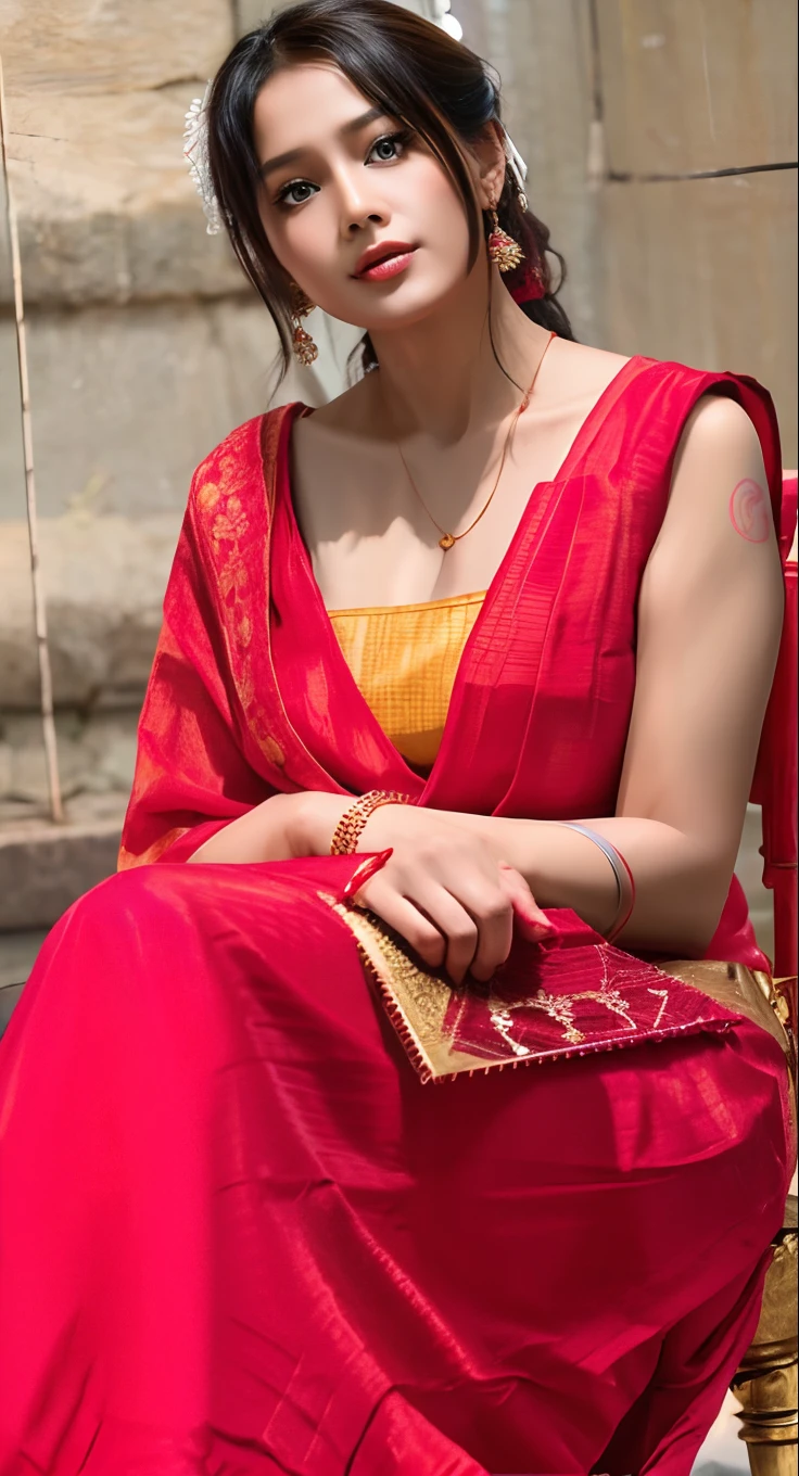 a close up of a woman in a red sari sitting on a chair, candid picture, wearing a silk kurta, candid shot, instagram post, candid photo, photo of a hand jewellery model, very very low quality picture, very beautiful enga style, candid portrait photo, red and golden color details, red and gold, wearing red and yellow clothes, candid photograph