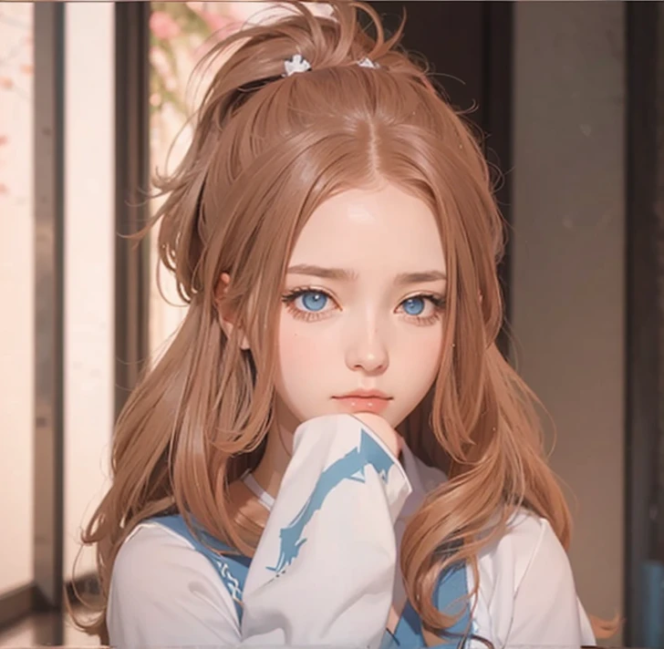 a close up of a woman with long hair wearing a white and blue outfit , realistic anime 3 d style, realistic young anime girl, stunning anime face portr
