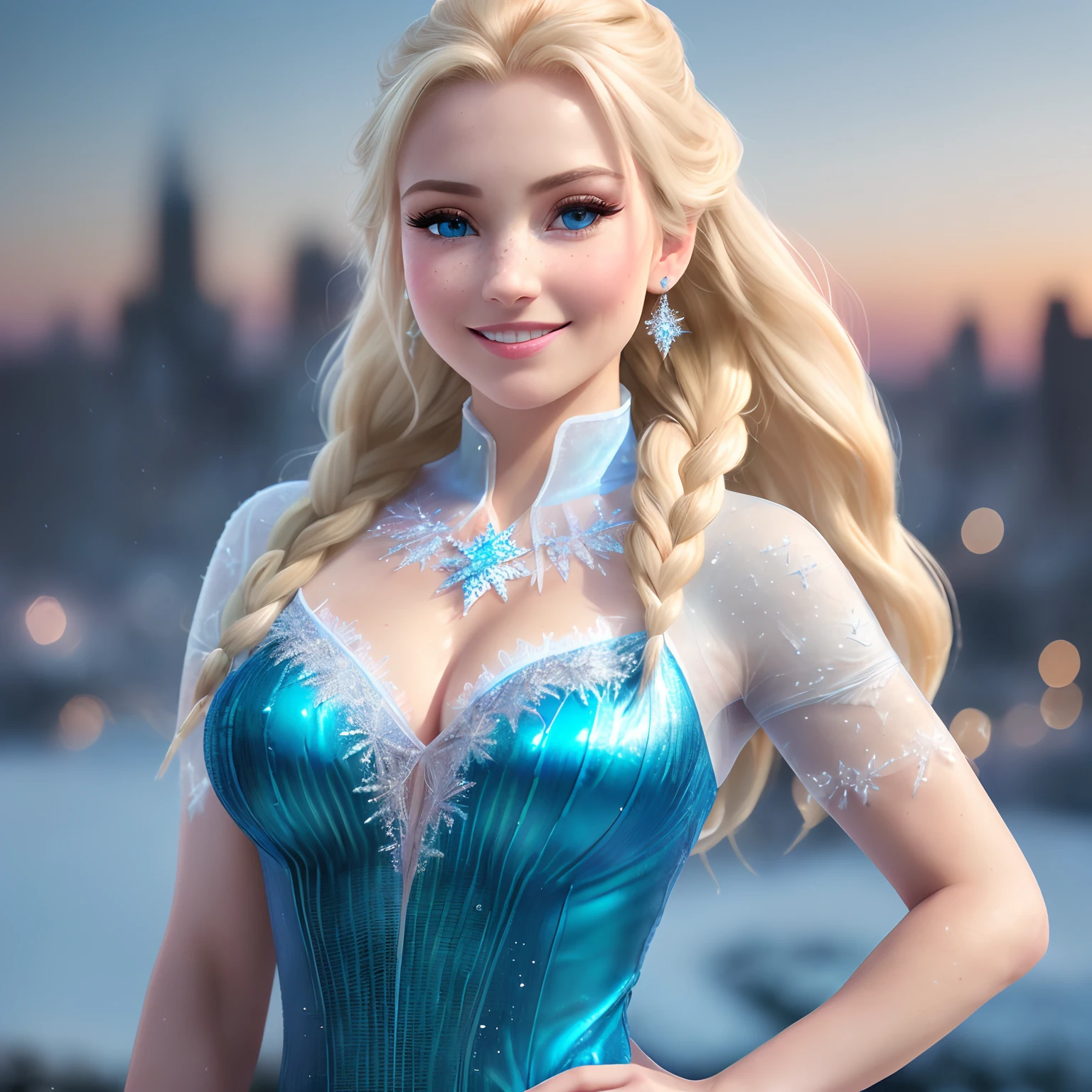(8k), (best quality), (masterpiece:1.2), (realistic), (photorealistic:1.37), ultra-detailed, elsa, strapless v dress, detailed face, ((frozen night city background)), (stands straight), ((perfect female body, skin dentation)), mature female, milf, narrow waist, smile, (full body sy legs, blonde | ponytail | wavy, high quality, HDR, 4K, photorealistic, incredible detail of the skin, professional photo