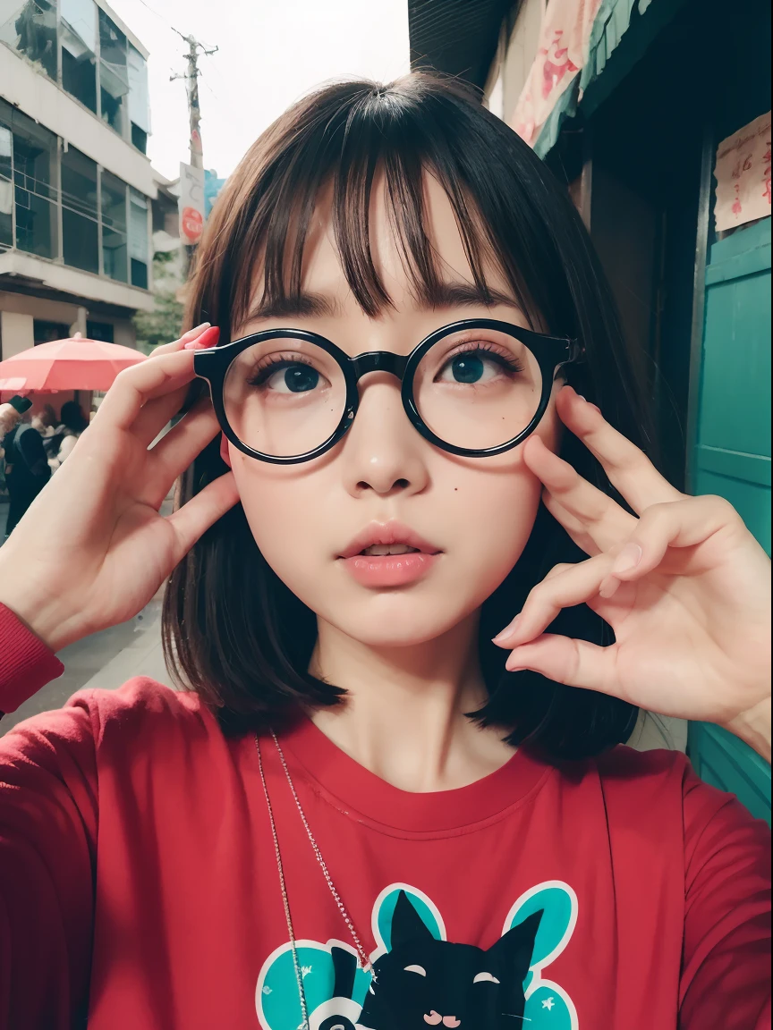 Instagram models from another universe, Imaginative, Metaphysical, capricious, Anaglyph style, japanes, kawaii faces, 18year old,eye glasses