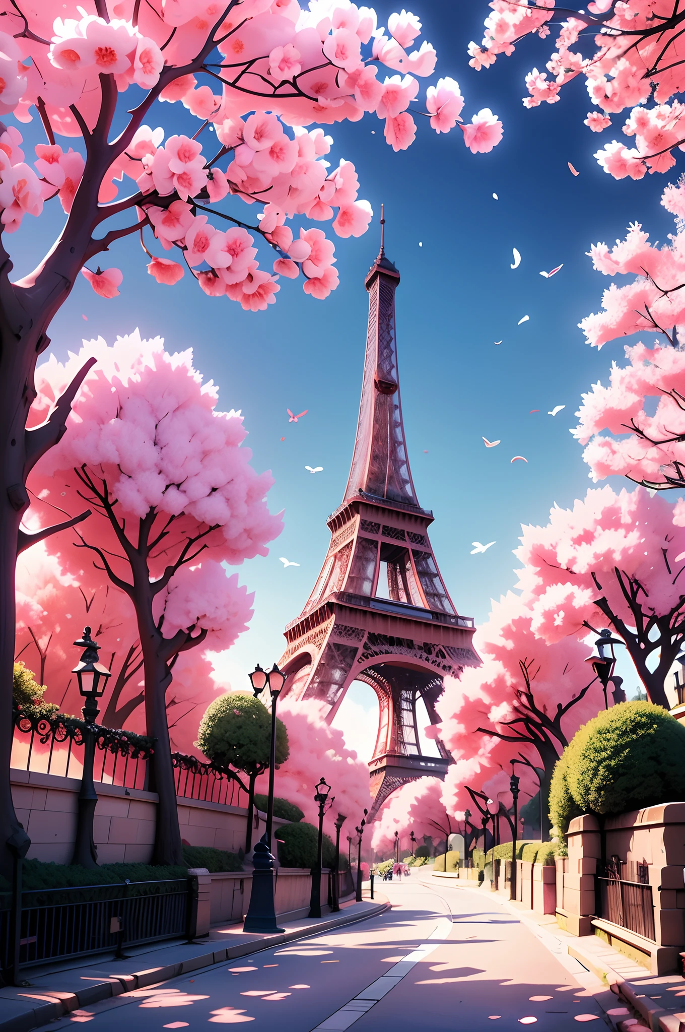painting of the Eiffel tower, Cherry blossoms around Eiffel tower, vampire college student Cherry in Paris, white hair, blue eyes, sunkissed street pathway, beautiful art, uhd 4k, an exquisite illustration, gorgeous digital painting, highly detailed digital painting, very detailed digital painting, rich picturesque colors
