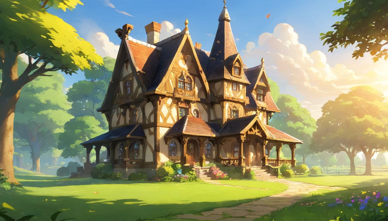 there is a large house with a porch and a porch on the front, victorian manor, by Rob Alexander, dramatic warm morning light, by Stephen Little, dramatic morning light, by John Clayton Adams, in style of mike savad”, gothic mansion, by Robert Lee Eskridge, moody morning light, warm glow, ornate retreat, southern gothic scene