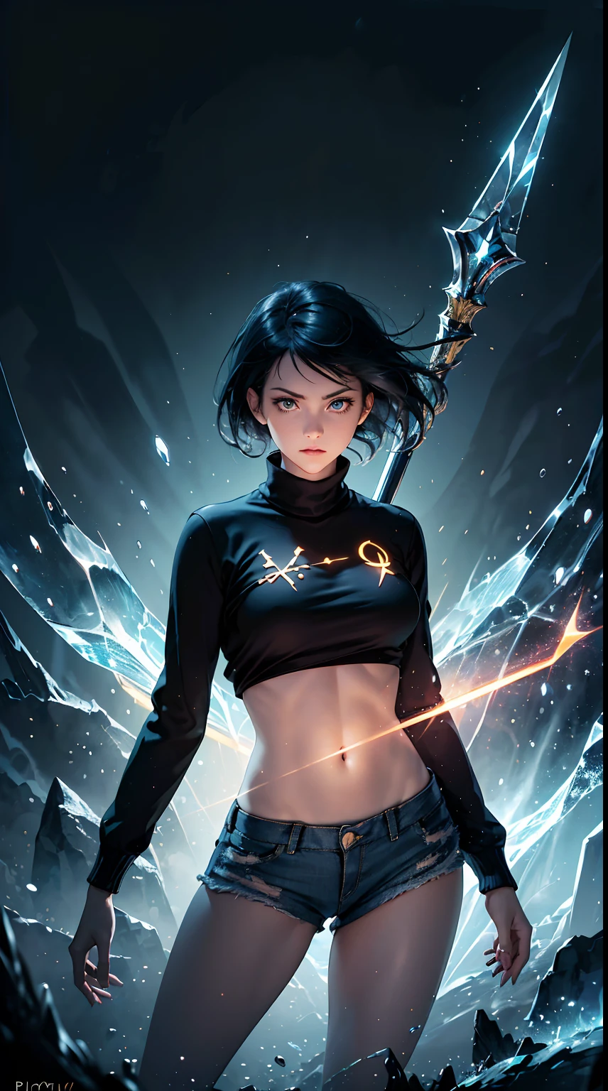 Woman, fight pose, Baddas stare,Hold a yellow sword with a blue ice emblem, blue short wispy Pixie hair, blue eyes, yellow short shirt, black hotpants jeans, black Jacket sweater ,In the middle of the shirt there is an omega symbol,HD lighting and dark )<=(epic image quality)dark atmosphere with bright particle light(many effects in background)