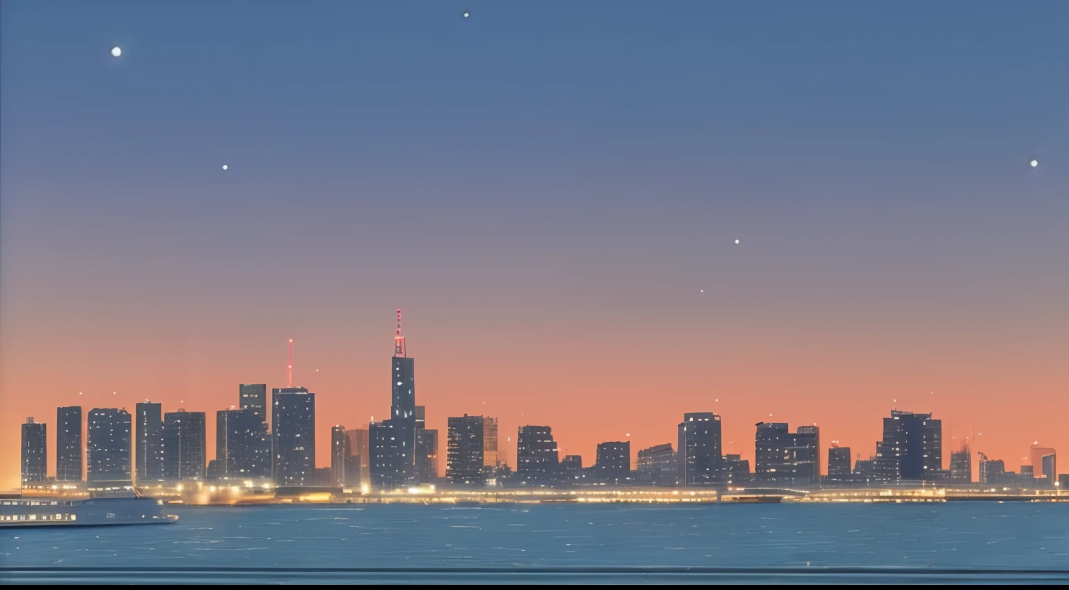 nighttime scene,mare、buliding,Faraway view,Hiroshi Nagai,Seaside city, muted pastel colors,Soft Pictures,retro anime, 1990s anime, 1980s anime, retro anime,Retro anime style,masutepiece, Best Quality, Old School Anime, Beautiful anime
