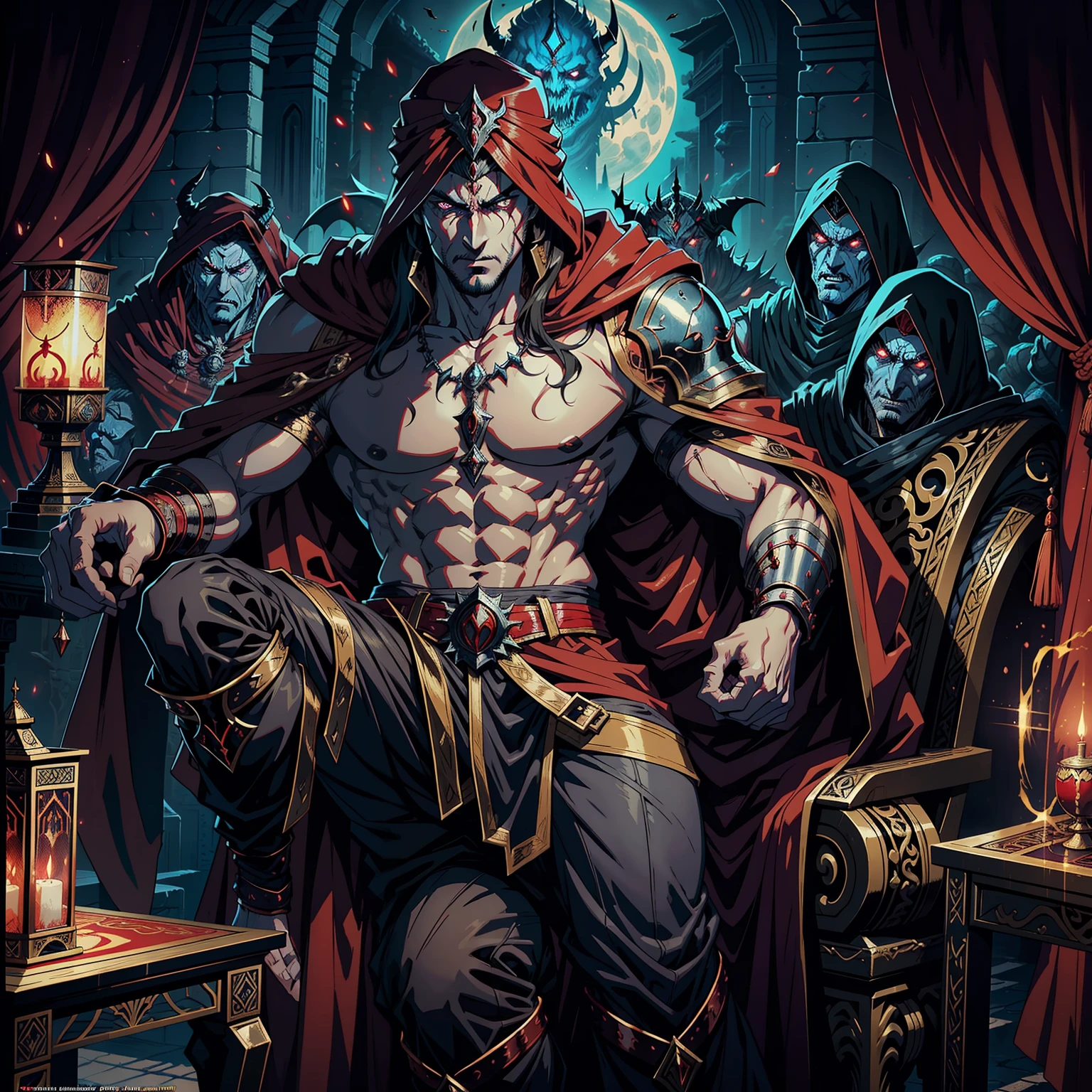 Castlevania Hyper Realistic Shadow Lord Super Detailed Dynamic Plan Master Piece of Lord Dracula Medieval Arab Warrior with Red Turban Scary Face Hokuto No Ken Structure Muscular Face Kenshiro Sitting in His Great Legendary Moroccan Throne Surrounded by Demons and Scary 3 Demons Talking Ancient Scrolls Cinematic Scenes Epic Movie Movie Hyper Realistic Movie Legendary Movie Epic Movie Epic Movie Epic Movie