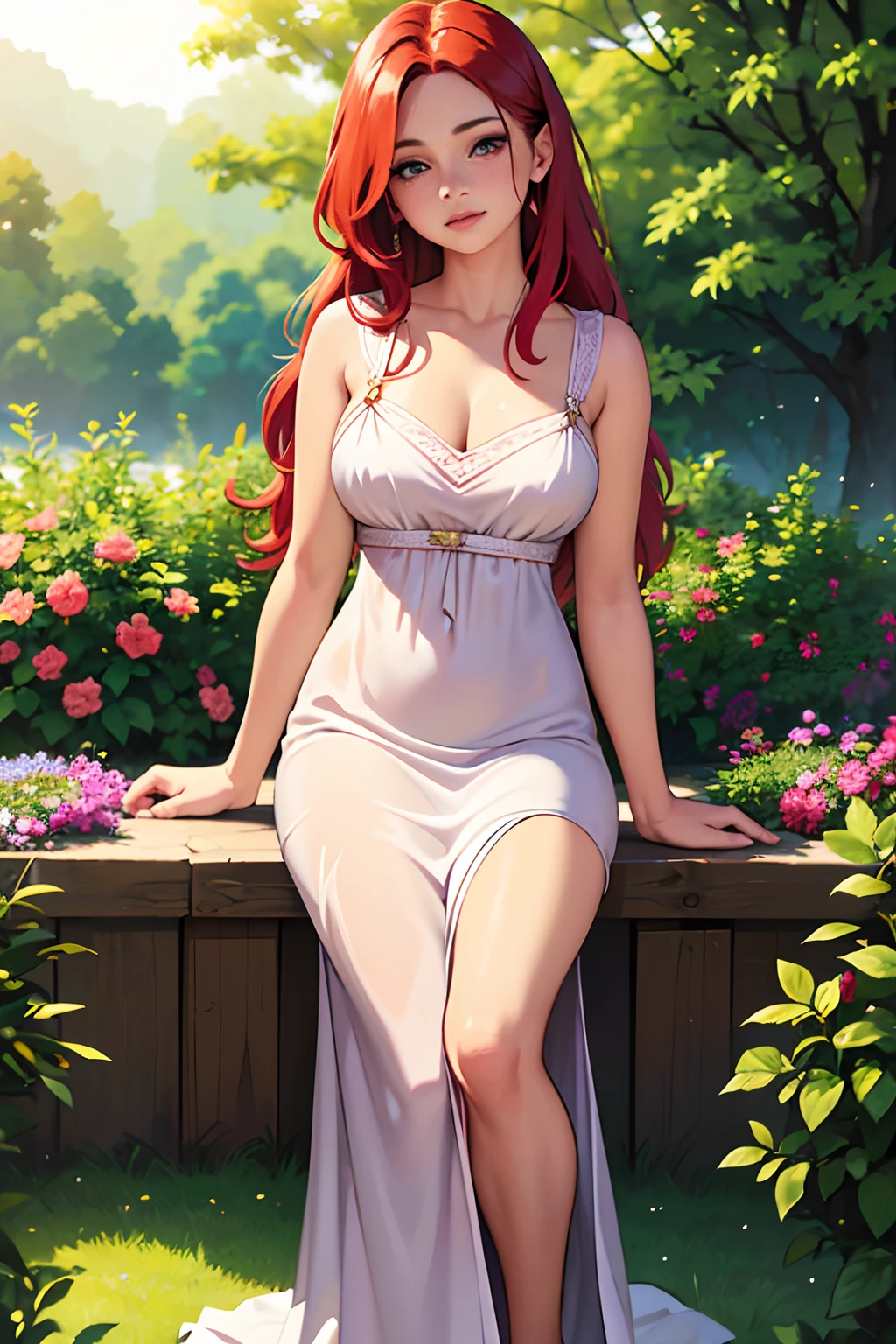 "(best quality,4k,8k,highres,masterpiece:1.2),ultra-detailed,(realistic,photorealistic,photo-realistic:1.37),portrait,illustration,oil painting,red-haired woman,long-flowing vibrant red hair,hazel eyes with a hint of gold,freckles that adorn her face and body,natural and shy expression,full body picture in a peaceful garden setting,wearing a flowy bohemian dress that matches the colors of the surrounding flowers,soft sunlight casting a warm glow on her,dreamy and soft color palette,subtle bokeh effect in the background"