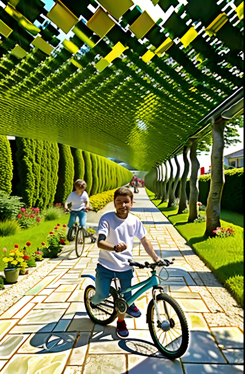 Jesus Christ biking with small children in a garden full of trees with fruit