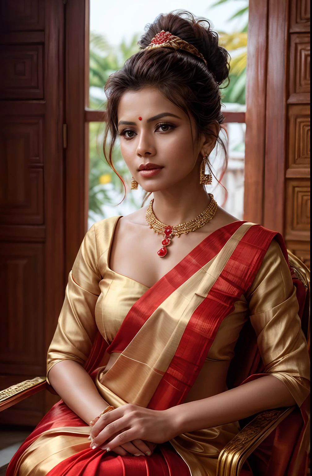 a close up of a woman in a red sari sitting on a chair, candid picture, wearing a silk kurta, candid shot, instagram post, candid photo, photo of a hand jewellery model, very very low quality picture, very beautiful enga style, candid portrait photo, red and golden color details, red and gold, wearing red and yellow clothes, candid photograph