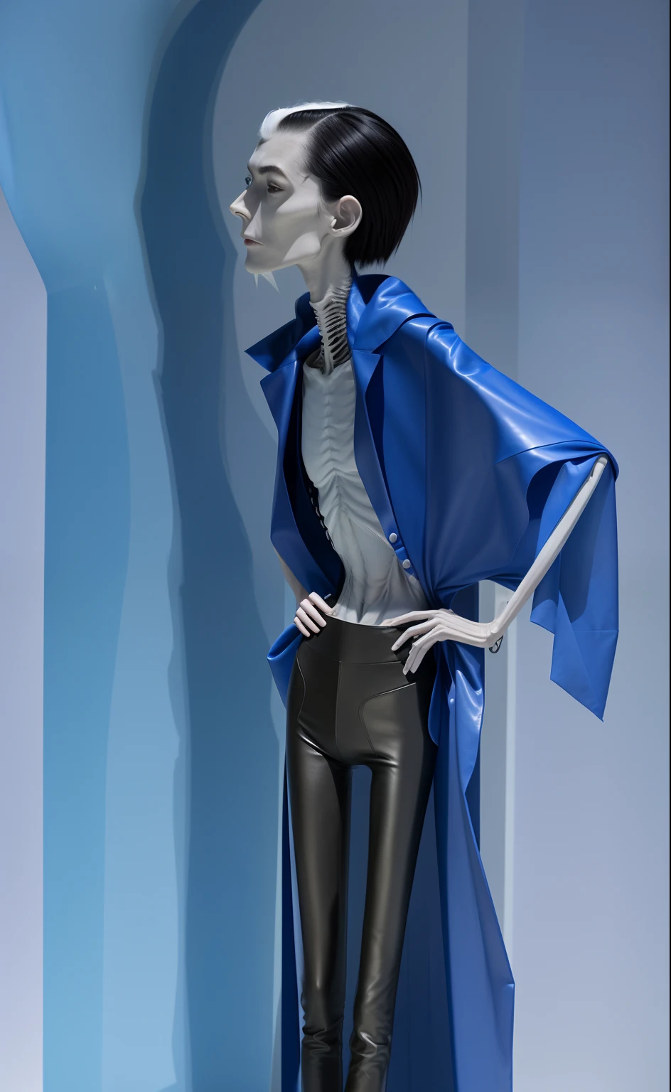 Extremely thin man, A thin body,big breasts thin waist,The ribs are noticeable,The pelvis is visibly protruding,White skin of the,Thin shoulders,Very slender waist and leg expression,Extremely skinny,Deep belly,short detailed hair,Haggard face,Wear tight leather pants