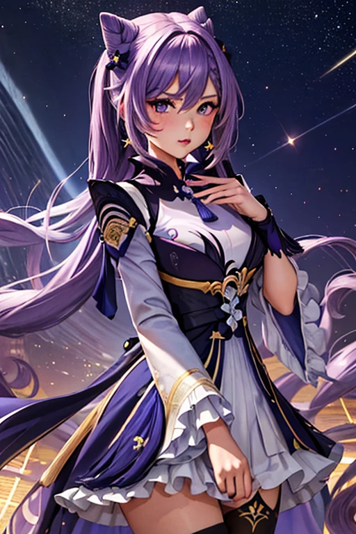 A girl, Keqing , Genshin Impact, blushing face , (Best quality:1.1), (Masterpiece:1.4), 1fille, (cheveux volumineux)+ , ((cheveux longs))++, cheveux longs , (Yeux violet) , (big lips)+, peau brillante, brillant, starry night,