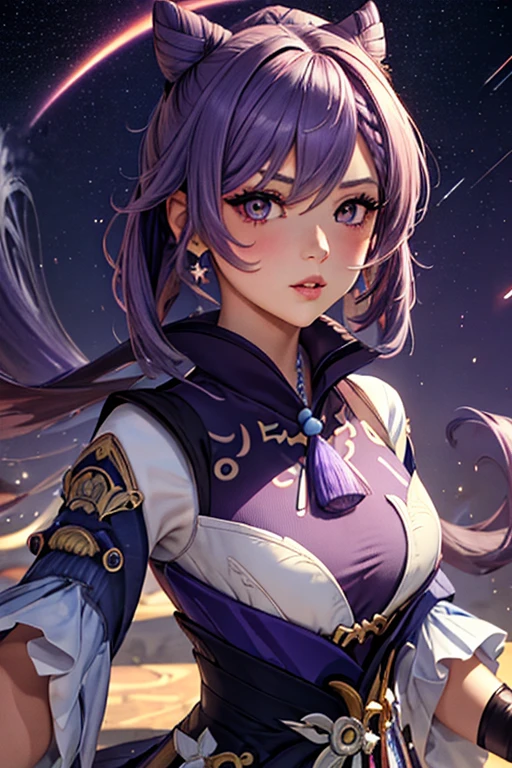 A girl, Keqing , Genshin Impact, blushing face , (Best quality:1.1), (Masterpiece:1.4), 1fille, (cheveux volumineux)+ , ((cheveux longs))++, cheveux longs , (Yeux violet) , (big lips)+, peau brillante, brillant, starry night,