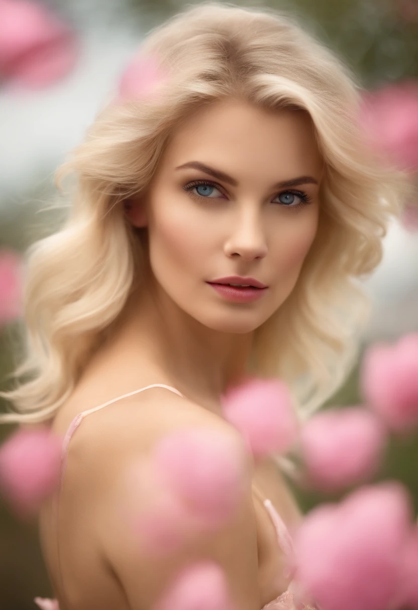 "A promotional model advertising the Corin Virginia 17871 bra from Poland. The model is a blonde with short hair, wearing a beige bra, and pink petals are falling from the sky all around her."