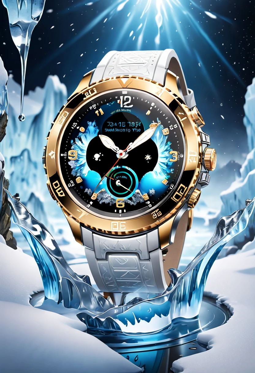 (8K, 16k, Award-winning, Highest quality, Highest resolution, Super detail, High detail, Anatomically correct, Masterpiece, Stunning beauty), (metal ring: 1.3), A smartwatch inside an icicle , smartwatch, delicate craftsmanship , Legendary smartwatch, Rare and precious, Intricate details, Smartwatches are made of a metal called ice, There are no gemstones, (Ancient characters are engraved on the inside of the smartwatch: 1.2), Impeccable, Platinum, White, Gold and silver, Trapped in a world of ice and snow.