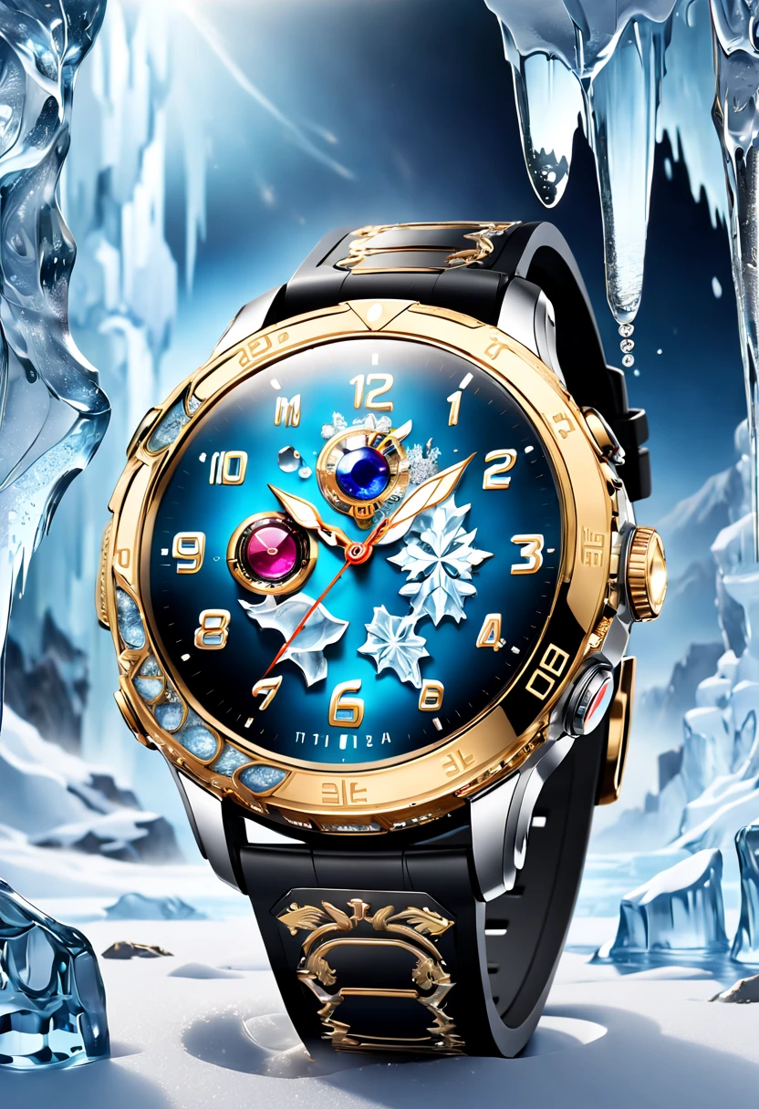 (8K, 16k, Award-winning, Highest quality, Highest resolution, Super detail, High detail, Anatomically correct, Masterpiece, Stunning beauty), (metal ring: 1.3), A smartwatch inside an icicle , smartwatch, delicate craftsmanship , Legendary smartwatch, Rare and precious, Intricate details, Smartwatches are made of a metal called ice, There are no gemstones, (Ancient characters are engraved on the inside of the smartwatch: 1.2), Impeccable, Platinum, White, Gold and silver, Trapped in a world of ice and snow.