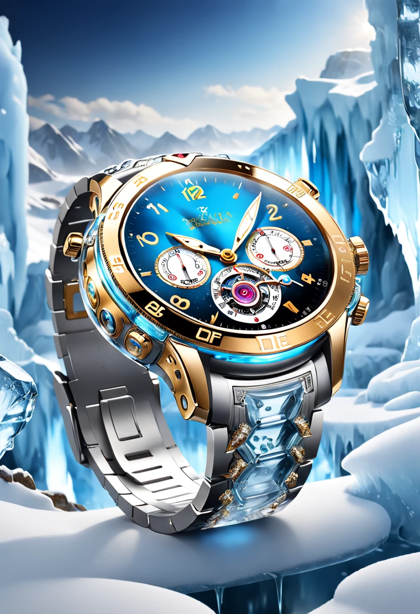 (8K, 16k, Award-winning, Highest quality, Highest resolution, Super detail, High detail, Anatomically correct, Masterpiece, Stunning beauty), (metal ring: 1.3), A smartwatch inside an icicle , smartwatch, delicate craftsmanship , Legendary smartwatch, Rare and precious, Intricate details, Smartwatches are made of a metal called ice, There are no gemstones, (Ancient characters are engraved on the inside of the smartwatch: 1.2), Impeccable, Platinum, White, Gold and silver, Trapped in a world of ice and snow.