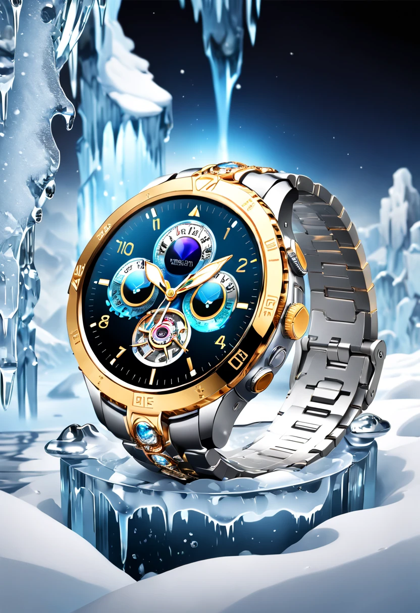 (8K, 16k, Award-winning, Highest quality, Highest resolution, Super detail, High detail, Anatomically correct, Masterpiece, Stunning beauty), (metal ring: 1.3), A smartwatch inside an icicle , smartwatch, delicate craftsmanship , Legendary smartwatch, Rare and precious, Intricate details, Smartwatches are made of a metal called ice, There are no gemstones, (Ancient characters are engraved on the inside of the smartwatch: 1.2), Impeccable, Platinum, White, Gold and silver, Trapped in a world of ice and snow.