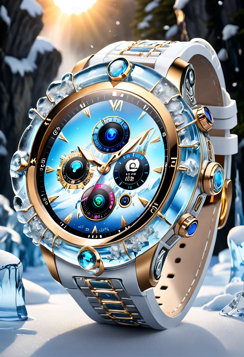 (8K, 16k, Award-winning, Highest quality, Highest resolution, Super detail, High detail, Anatomically correct, Masterpiece, Stunning beauty), (metal ring: 1.3), A smartwatch inside an icicle , smartwatch, delicate craftsmanship , Legendary smartwatch, Rare and precious, Intricate details, Smartwatches are made of a metal called ice, There are no gemstones, (Ancient characters are engraved on the inside of the smartwatch: 1.2), Impeccable, Platinum, White, Gold and silver, Trapped in a world of ice and snow.