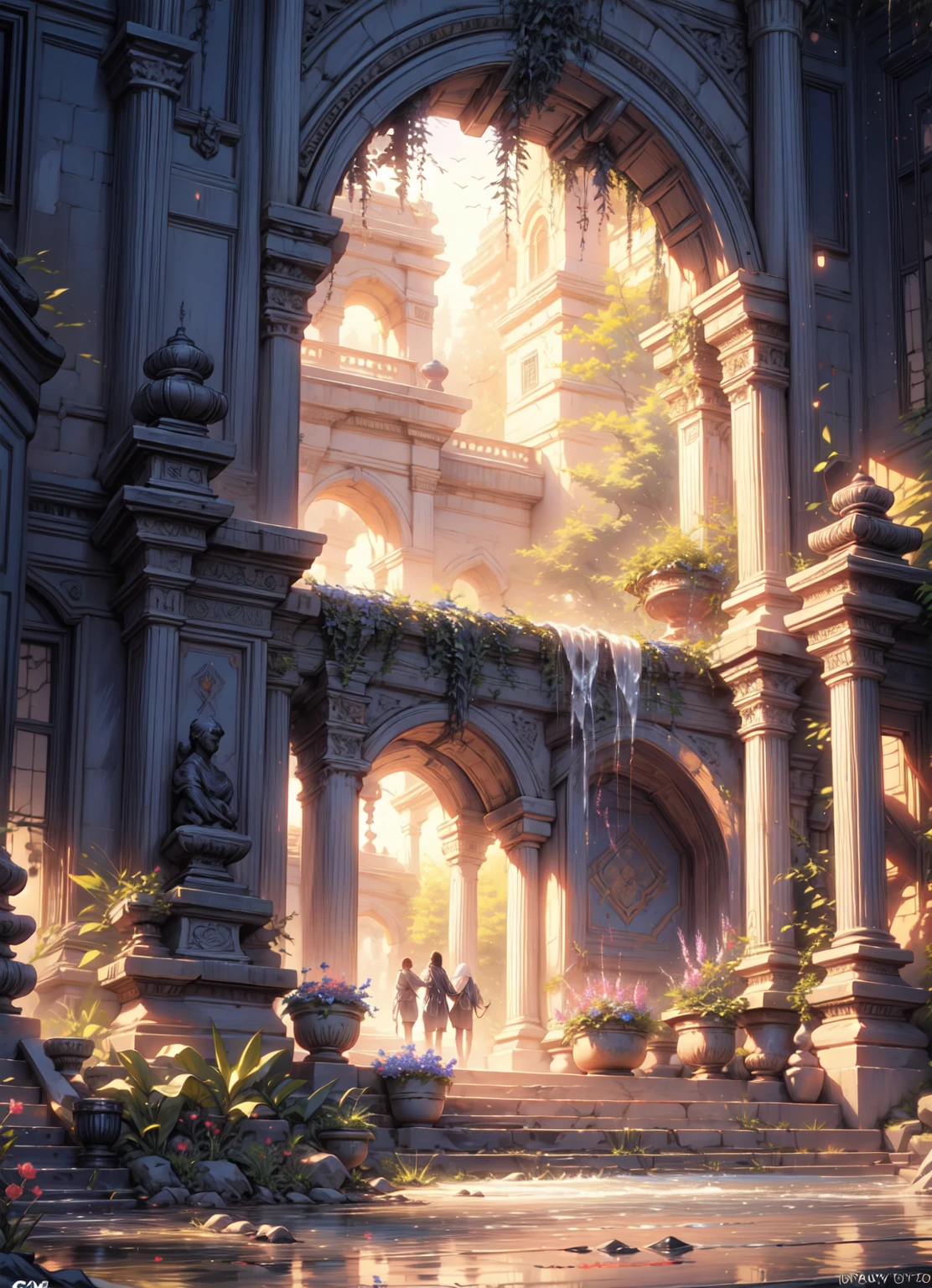 painting of an ancient tori garden, architecture , beautiful scenery, waterfall, fantasy, moonlight,((glistening look)),ghibi style, hd, High quality, water reflection, bushes,4k hd, cloud,beautiful art uhd 4 k, a beautiful artwork illustration, beautiful digital painting, highly detailed digital painting, beautiful digital artwork, detailed painting 4 k, very detailed digital painting, rich picturesque colors, gorgeous digital painting