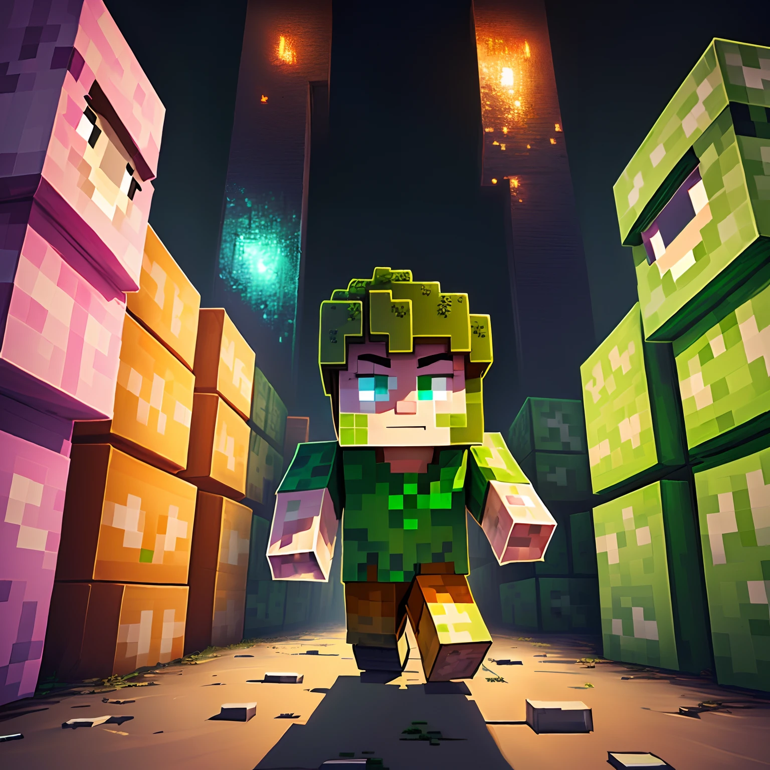 4 personagens do Minecraft olhando para o Herobrine no Minecraft