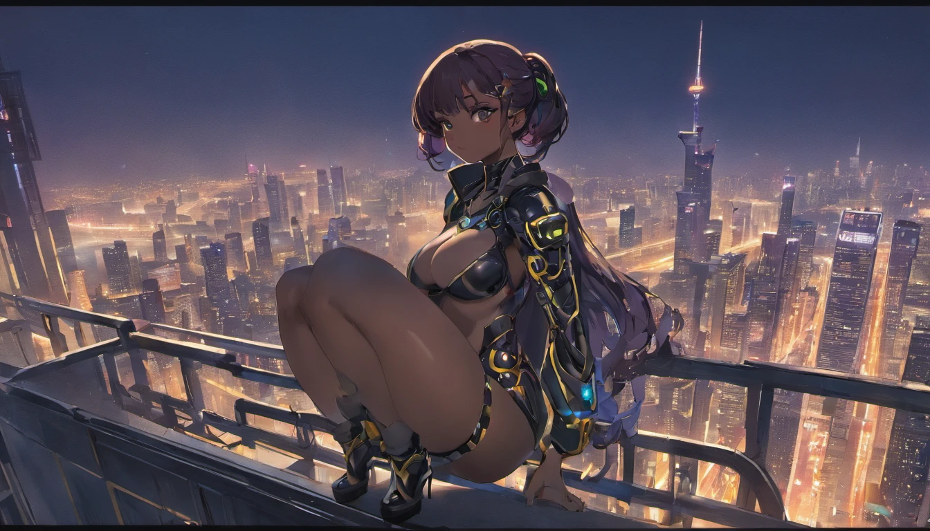 a close up of a dark skin curvy, big booty , big boobs woman in a futuristic sexy half naked thin lingerie armor posing in high heels Dark skin, dark tone, curly hair ,thick , big booty , big boobs,anime girl looking out a window at the city at night, on Detroit cyberpunk night rooftop, set in Detroit rooftop, overlooking a modern city, Detroit cyberpunk, on future tokyo night rooftop, on rooftop Detroit night, anime cyberpunk art, sci Fi anime art, , giantess art, modern cyberpunk anime, tokyo anime scene, ghost in the shell art style