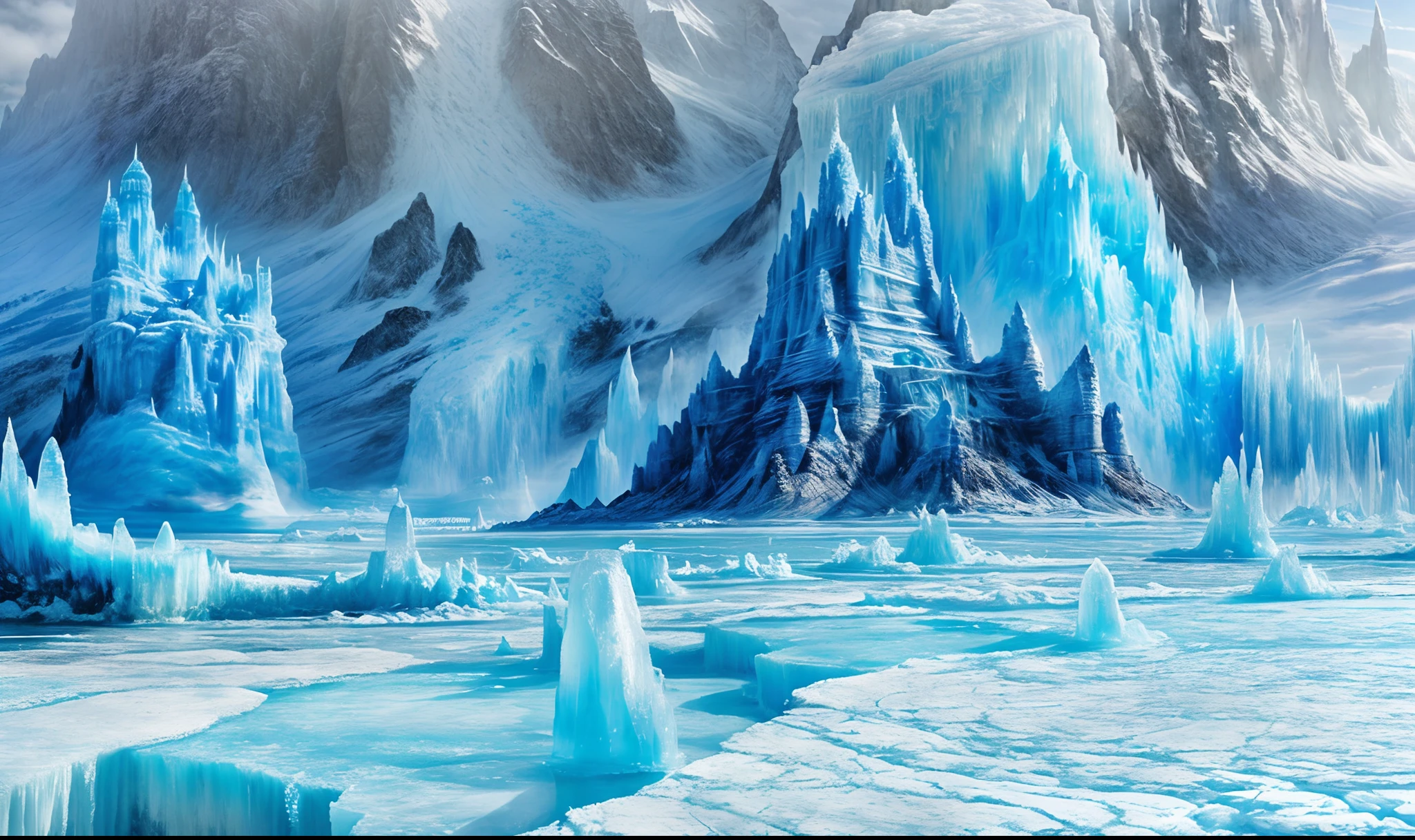 big ice castle, surreal frozen landscape, ice city, icy landscape, ice planet, icy tundra, ice cream, ice mine, ice mountains in the distance, blue ice, glacial lake with interconnected ice cliffs forming bridges to a blue tower in the center, water kingdom, ultra-realistic, ultra-detailed, high fantasy