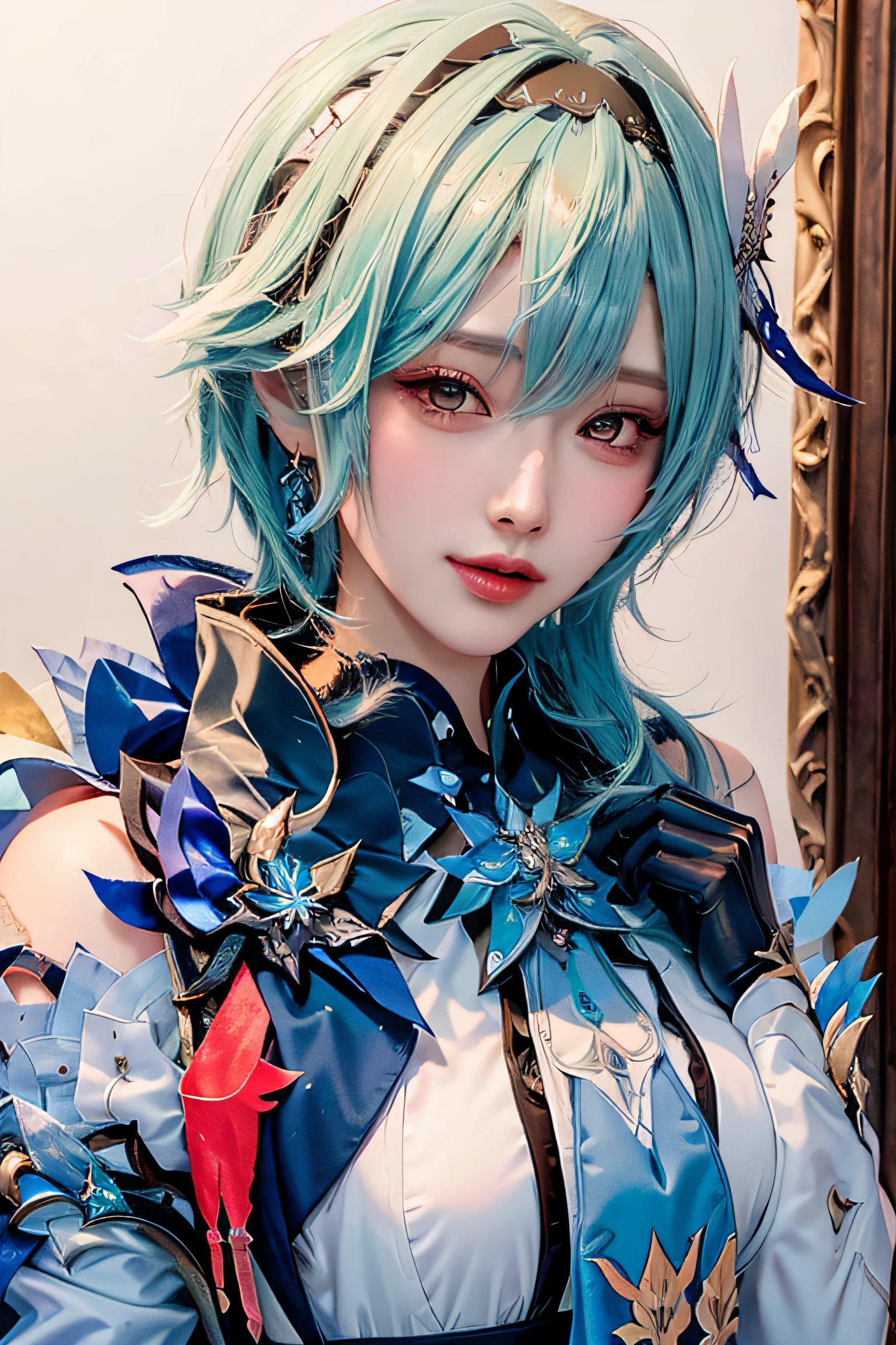 Beauty of a goddess, slim face, beautiful wan, 1girl, solo, (masterpiece:1.2), best quality, eula, genshin, high detailed, 8K resolution, looking at viewers, eula from genshin impact, outdoor, hairband, blue hair, necktie, cape, vision \(genshin impact\), long sleeves, gloves, sidelocks, smiling, slender figure, ((wide beautiful eyes)), (((a close up portrait photo, head to bust)))