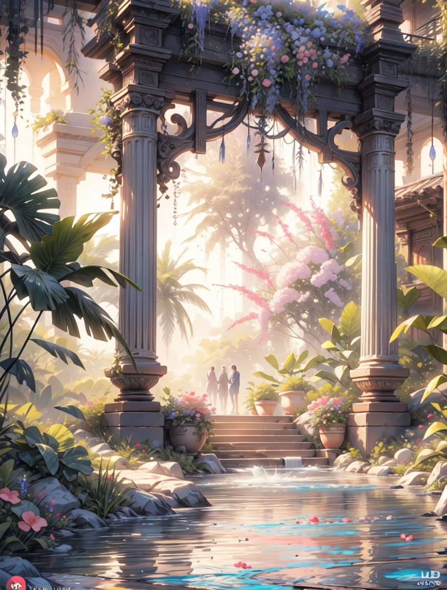 a painting of a pool with pink flowers and a gazebo, beautiful art uhd 4 k, tropical pool, a beautiful artwork illustration, royal garden background, very detailed paradise, tropical paradise, gigantic pillars and flowers, paradise in the background, relaxing concept art, beautiful digital painting, magnificent background, anime background art, romantic landscape, a pool inside the giant palace