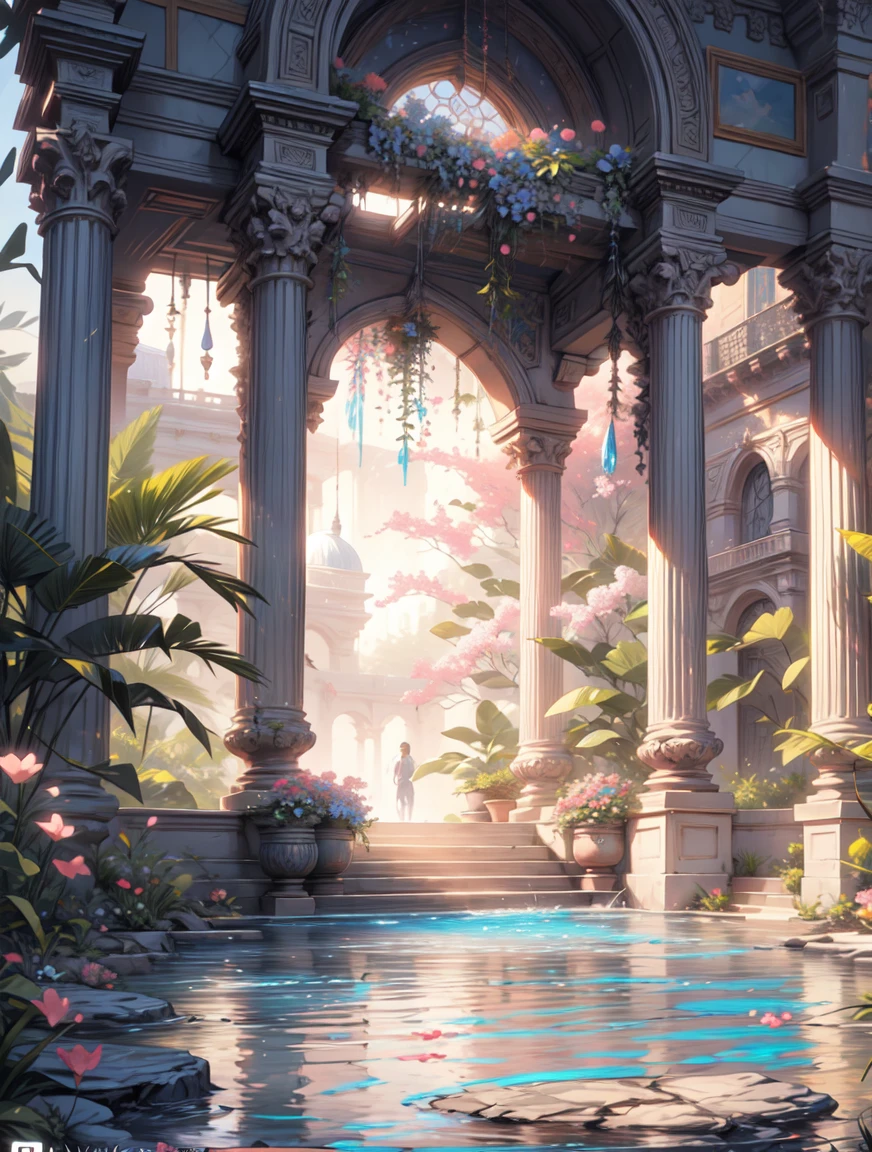 a painting of a pool with pink flowers and a gazebo, beautiful art uhd 4 k, tropical pool, a beautiful artwork illustration, royal garden background, very detailed paradise, tropical paradise, gigantic pillars and flowers, paradise in the background, relaxing concept art, beautiful digital painting, magnificent background, anime background art, romantic landscape, a pool inside the giant palace