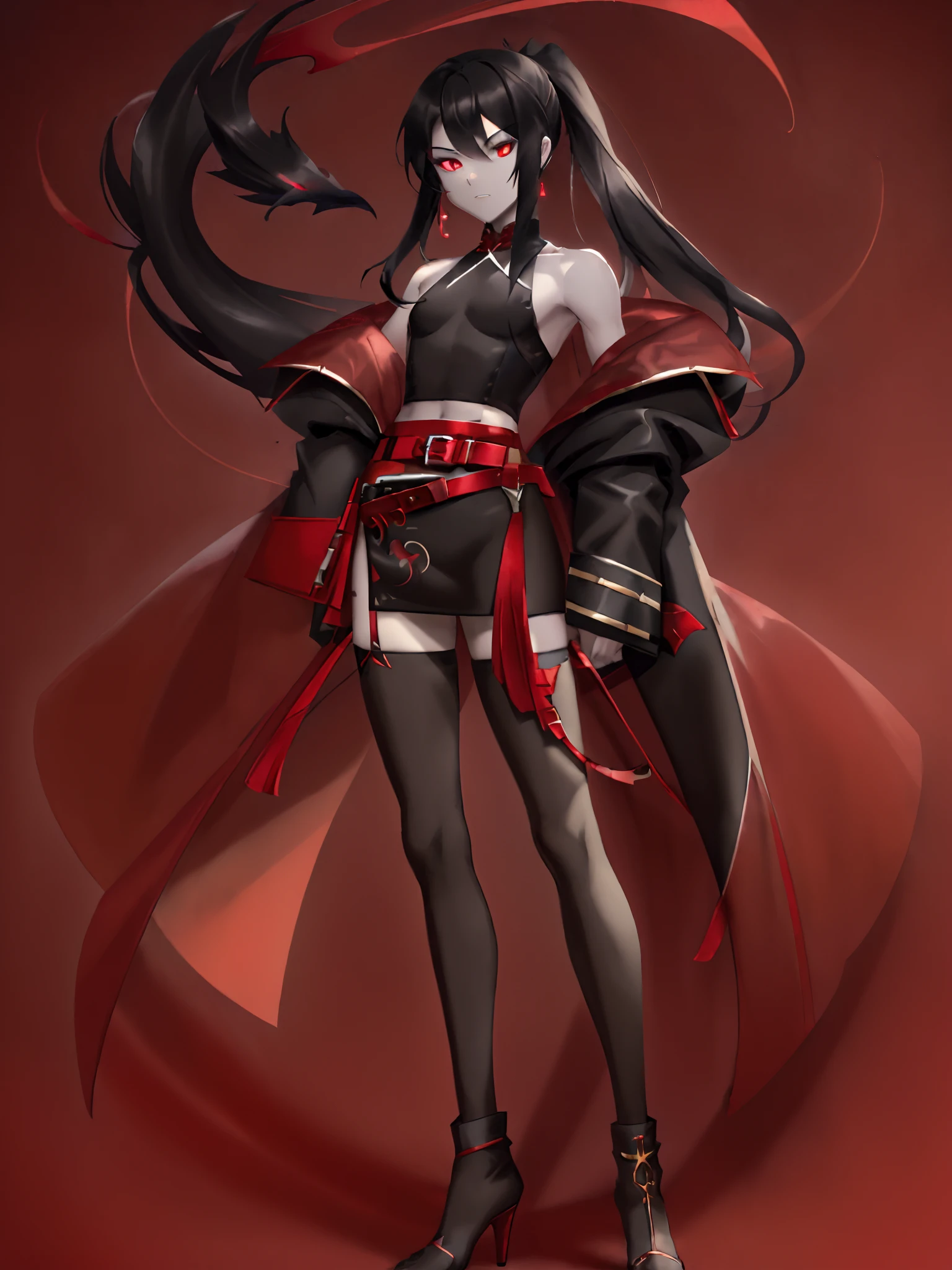 A character design with the theme of Chinese culture,Best Picture QualityHigh Detail 8K Resolution Boy Single Two-dimensional Day Man Colorful Black Long Hair High Ponytail Male,His hair was large and long,Dark red pupils,M bangs,There is waist-length hair on his temples,Slender and slender body,Wide shoulders, thin waist, long legs,Sick and weak villain skinny beautiful man,Cool white skin,Antique male,He wears a sleeveless tight top,Red loose off-the-shoulder long all-red hanfu,His waist was bound by a golden belt,The belt was hung with red jade pendants and tassels, as well as a money bag,The dark red clothes have a dark pattern of bronzing flowers,Red coat,Short boxer pants in black,There are black leg rings at the base of the legs,Black stockings to the middle of the thighs,Black high-heeled boots to the calf,Two-dimensional archaic male,Standing is cool and handsome,Handsome characters are painted,Dark red is the main body of the picture,rich background,Some feminine Chinese men,There are long red ribbons fluttering on the clothes,A chic and handsome battle portrait,Antique background,The feeling of a young man in fresh clothes and angry horses