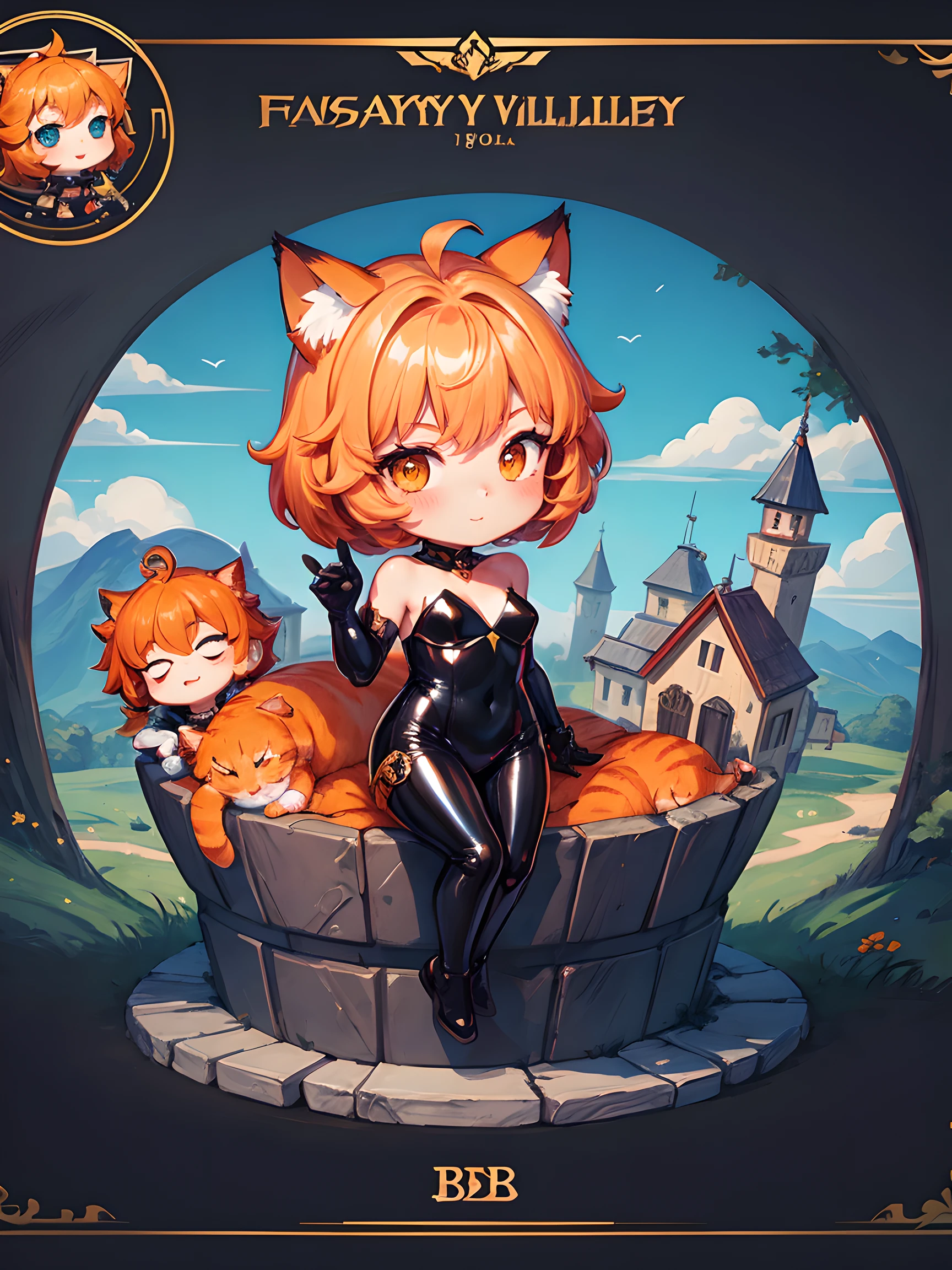 1girl in, cat girl, fantasy, orange hair, orange eyes, bob hair, orange cat ear, Mechanical black glossy metallic Bodysuit, Bare shoulders, Glossy, shiny material, chibi emote, chibi character, fantasy  village,