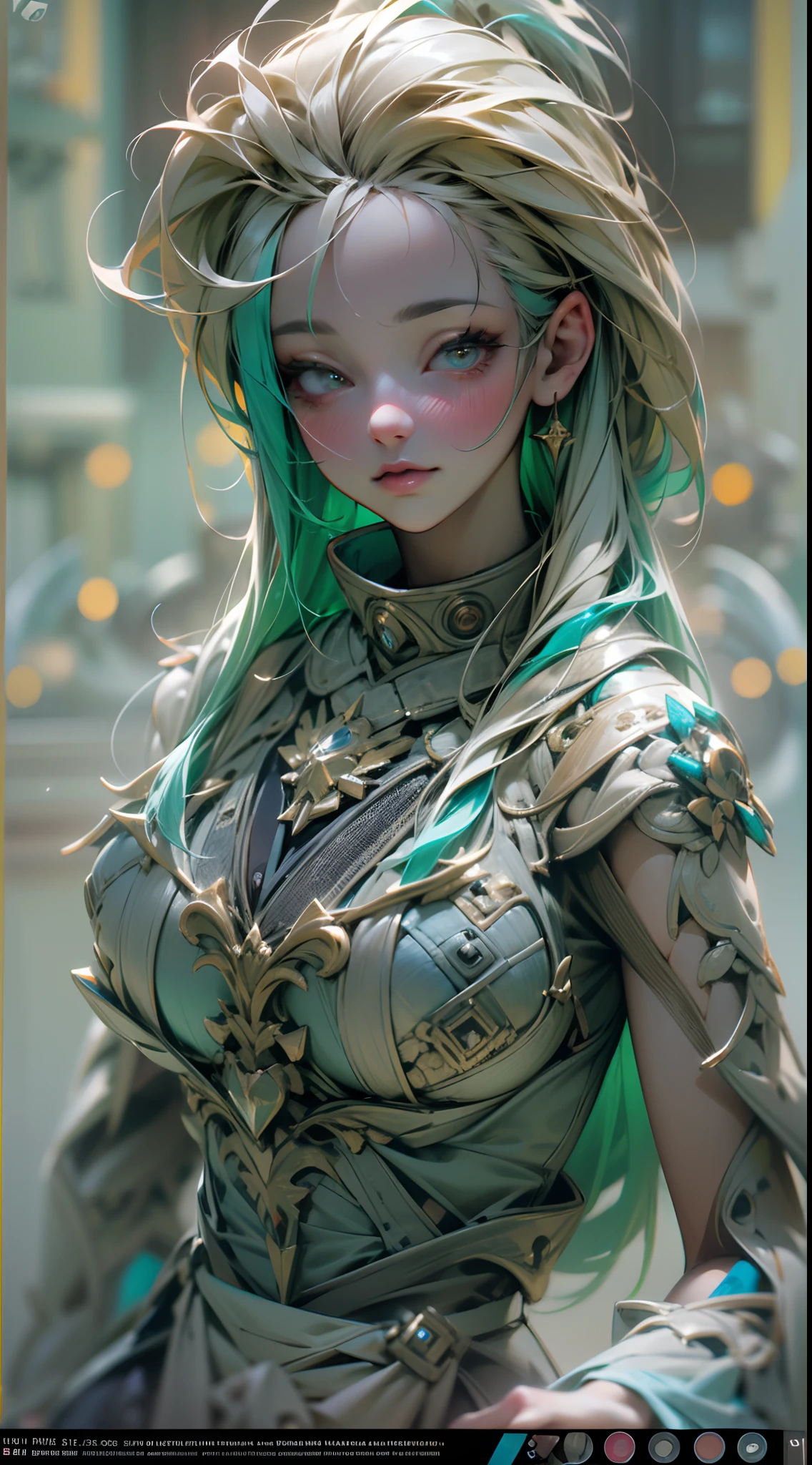 (masterpiece, top quality, best quality, official art, beautiful and aesthetic:1.2), (1girl), extreme detailed,(fractal art:1.3),colorful,highest detailed, big tits, light green eyes, light green hair, curls, portrait, focus on face