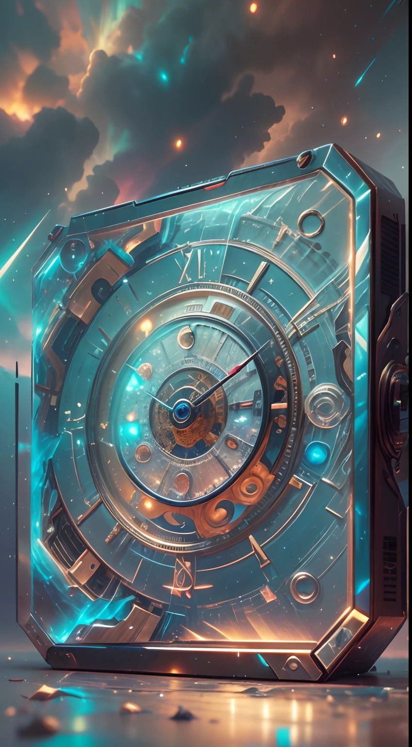 8K, 16k, Award-winning, Highest quality, Highest resolution, Super detail, High detail, Anatomically correct, Masterpiece),UHR， Clock in the starry sky，The timing mechanism of the future, delicate craftsmanship , A legendary digital clock, Rare and precious, Intricate AI, Smart clocks are made of a metal called orichalcum, There are no gemstones, (The inside of the smart clock is engraved with ancient characters: 1.2), Impeccable, Platinum, White, Gold and silver, Mysterious starry sky，cyber punk perssonage，high - tech，hyper realisitc，Sci-fi dreams，Advanced extraterritorial technology，Radiant light octane rendering is highly detailed,photography of：Brandon Woelfelmist，Surreal dreams，Surrealist art fantasy style，Epic digital fantasy art style，lute，hdr，Beautiful sci-fi art, Science-fi digital art illustration, Digital cyberpunk art, science fiction digital painting, futuristic digital painting, futuristic concept art, Sci-fi starry cyberpunk, Futuristic mysterious starry sky in front of the landscape, science fiction digital art, Advanced digital cyberpunk art, Fantastic cyberpunk clock，Epic digital sci-fi art，A cinematic scene， 超詳細， Ultra photo realsisim， Bright lights， 8 k''