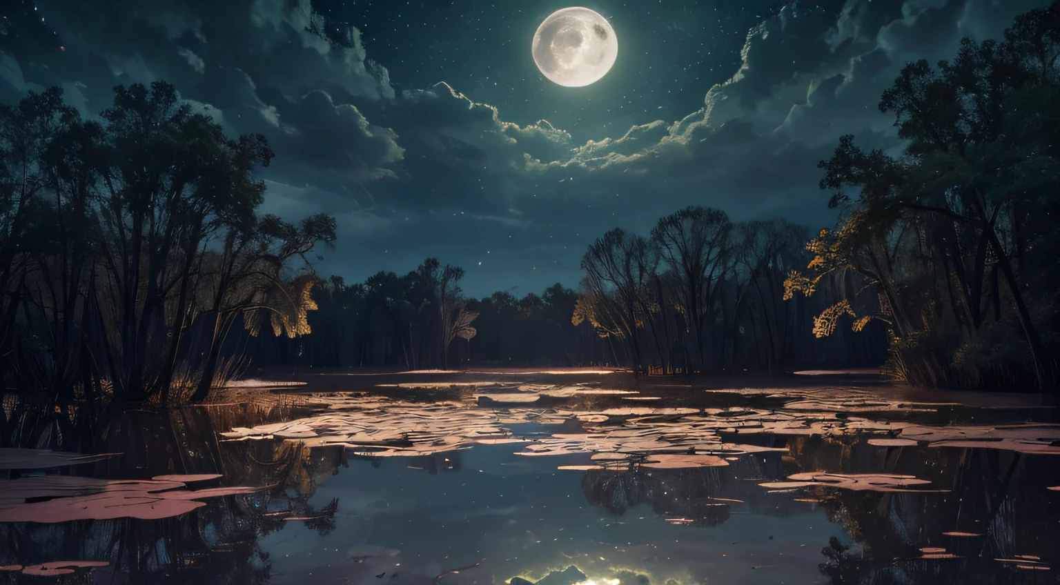 A swamp with muddy lakes, surrounded by swamp trees. The swamp is flooded with water, reflecting the full moon in the night sky. (best quality,4k,8k,highres,masterpiece:1.2), ultra-detailed, (realistic,photorealistic,photo-realistic:1.37), HDR, UHD, studio lighting, vivid colors, bokeh, portraits, landscape