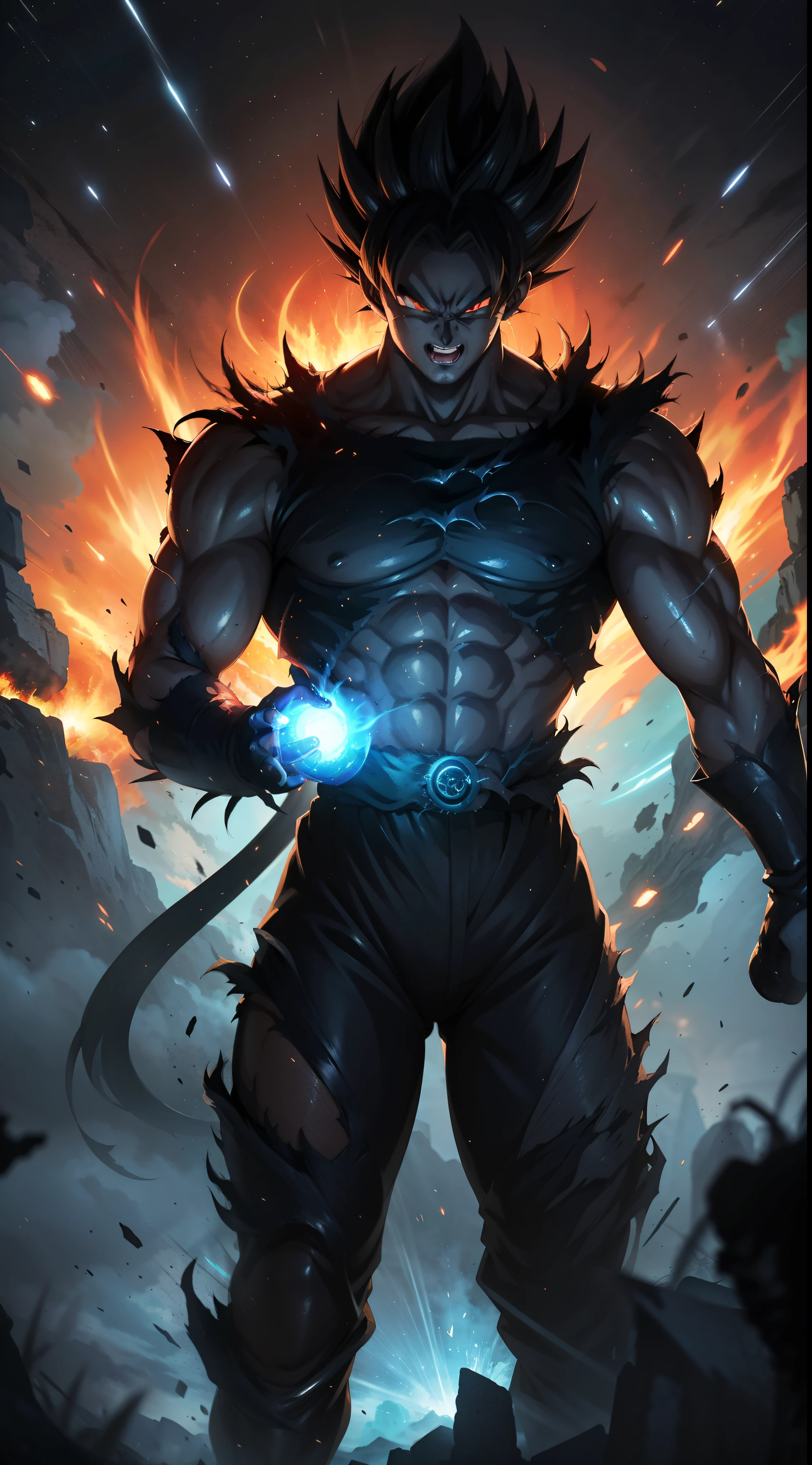 Enter the world of the Black Demon God, a being with a handsome face and glowing red eyes that will captivate you. In his transformed state, he exudes extreme instinct and power, making for an epic anime about this energy man. Watch as he harnesses the power of fire and lava in stunning anime artwork that will leave you in awe. This concept art is straight out of the Dragon Ball Universe, with a manga-style 8k wallpaper that will transport you to another dimension.