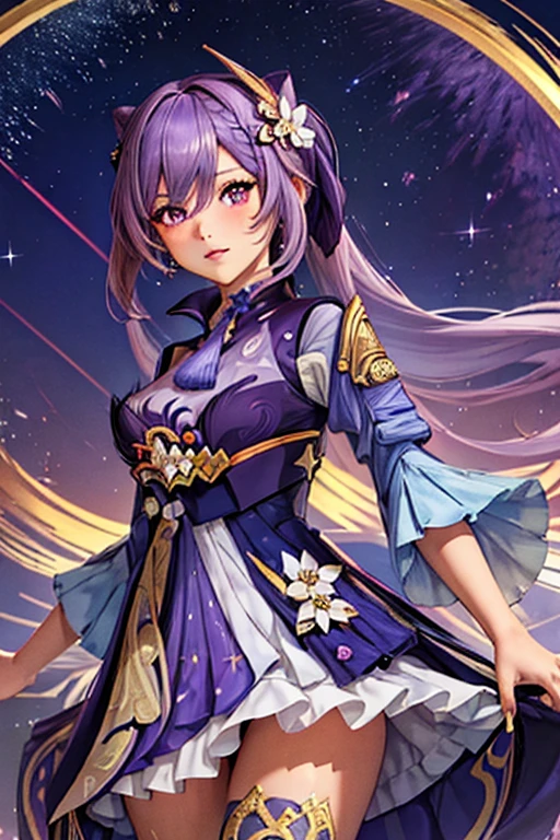 A girl, Keqing , Genshin Impact, blushing face , Summer Dress (Butterfyl pattern)) (Best quality:1.1), (Masterpiece:1.4), 1fille, (cheveux volumineux)+ , ((cheveux longs))++, cheveux longs , (Yeux violet) , (big lips)+, peau brillante, brillant, starry night,