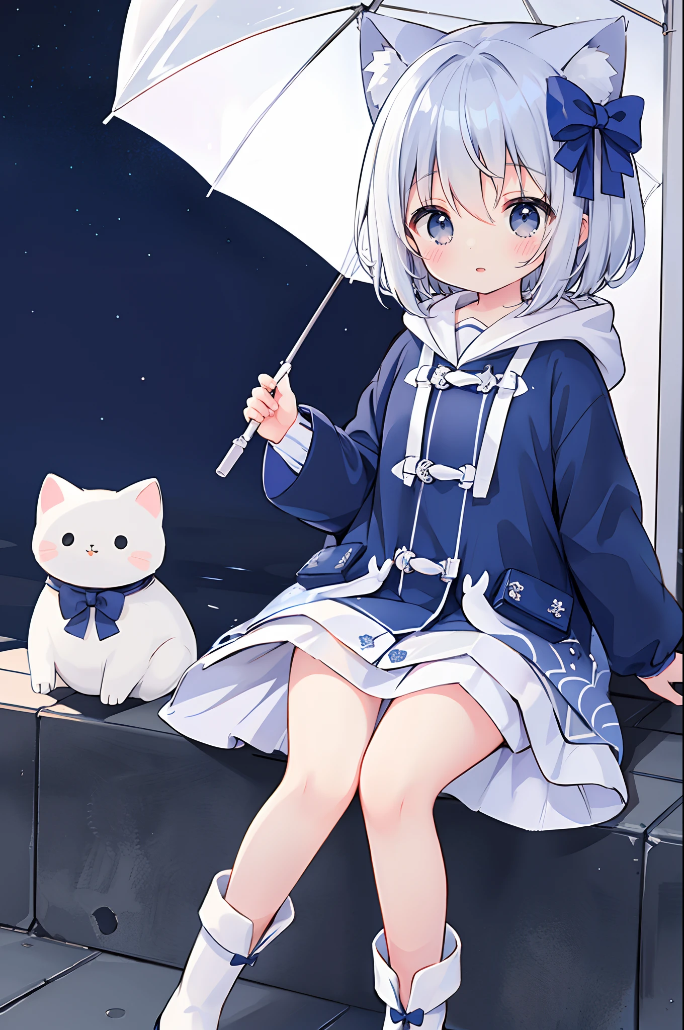 1girl in、Ultramarine night sky、raincoat、White and navy blue raincoat、shoes、Shorthair、Blunt bangs、long boots、red blush、umbrellas、Opening Mouth、hair adornments、white backgrounid、hoods、独奏、Very beautiful hair、Hood Up、long-sleeve、Shorthair、the bow、bangss、A smile、Animal food、blue eyess、full body Esbian、White and navy blue footwear、simple background、is standing、Navy Blue Ribbon Kanzashi、Hair Bow、cat ear、Silver hair、Pure bangs、Cute eyes、Jump cutely、