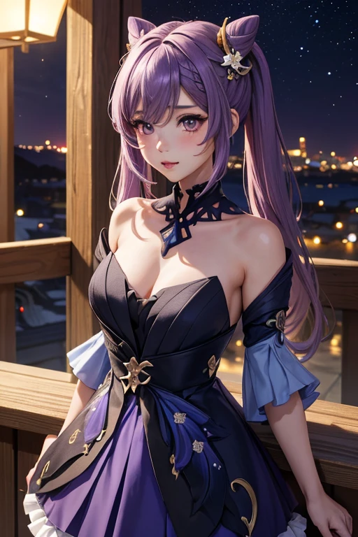 A girl, Keqing , Genshin Impact, blushing face , Summer Dress (Butterfyl pattern)) (Best quality:1.1), (Masterpiece:1.4), 1fille, (cheveux volumineux)+ , ((cheveux longs))++, cheveux longs , (Yeux violet) , (big lips)+, peau brillante, brillant, starry night,