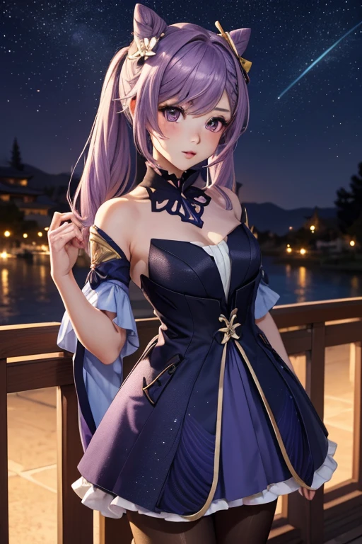A girl, Keqing , Genshin Impact, blushing face , Summer Dress (Butterfyl pattern)) (Best quality:1.1), (Masterpiece:1.4), 1fille, (cheveux volumineux)+ , ((cheveux longs))++, cheveux longs , (Yeux violet) , (big lips)+, peau brillante, brillant, starry night,