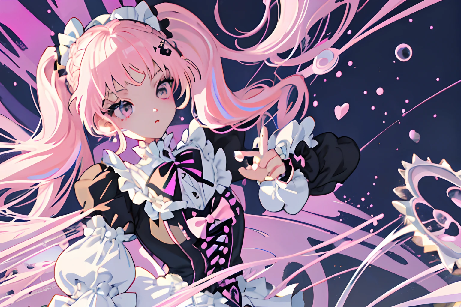 masterpiece, highest quality, 1 girl, 一人in, length_hair, From above, light smile, panorama, perspective, looking for_in_viewer, 前hair, skirt, shirt, pink hair, colored inner hair, length_dispel, bow, ribbon, twin tails, hair_bow, heart, pantyhose, frills, shoes, choker, dull_前hair, black_skirt, pink_eye, frills付き_skirt, pink_bow, plinform_footwear, pink_theme, jirai_kei, whole body, night, street, Skyscraper, neon trim, panorama, perspective, starry sky, pink background, dark, Shadow,