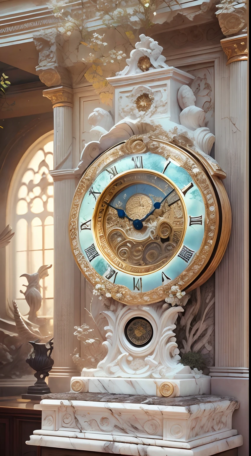 (8K, 16k, Award-winning, Highest quality, Highest resolution, Super detail, High detail, Anatomically correct, Masterpiece),Realistic full-body Greek white marble clock，Ancient chronometric mechanism, delicate craftsmanship , Rare and precious, The intricate details are realistic，Marble clock，detailed carvings,Timeless vintage,Stale and rustic,Ancient craftsmanship,shadows and light,Historical artifacts,Classic chronograph mechanism,Nostalgic,Charm,retro aesthetic,Weathered beauty,Ancient clocks,Ageing gracefully,Stone carving and craftsmanship,Precise marking,Entwined vines and flowers,Entry,Weathered beauty and personality,Backyard Point of Contact,ornate detail,A symbol of eternity,Harmony between past and present,Engraving calligraphy,artistic design+"]，A cinematic scene， 超詳細， Ultra photo realsisim， Bright lights， 8 k''