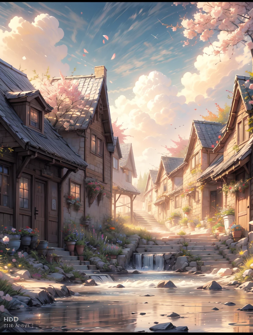 a painting of a beautiful Mediterranean houses, with a tower and flowers, spring evening,small water stream flowing beside the houses,beautiful art uhd 4 k, blossoming path to heaven, beautiful painting, spring season city, 4 k matte thomas kinkade, stunning painting, painting of beautiful, magical village, inspired by Thomas Kinkade, cottage town, sunlight and whimsical houses, style thomas kinkade, springtime morning